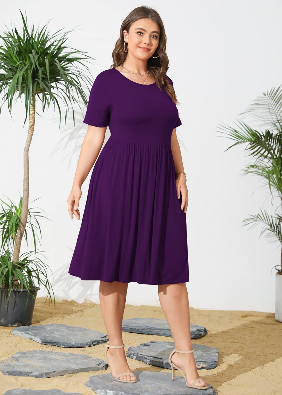 POSESHE Womens Plus Size Summer Dress 2026 Casual Short Sleeve Empire Waist Loose Fit Swing T-Shirt Dress with Pockets