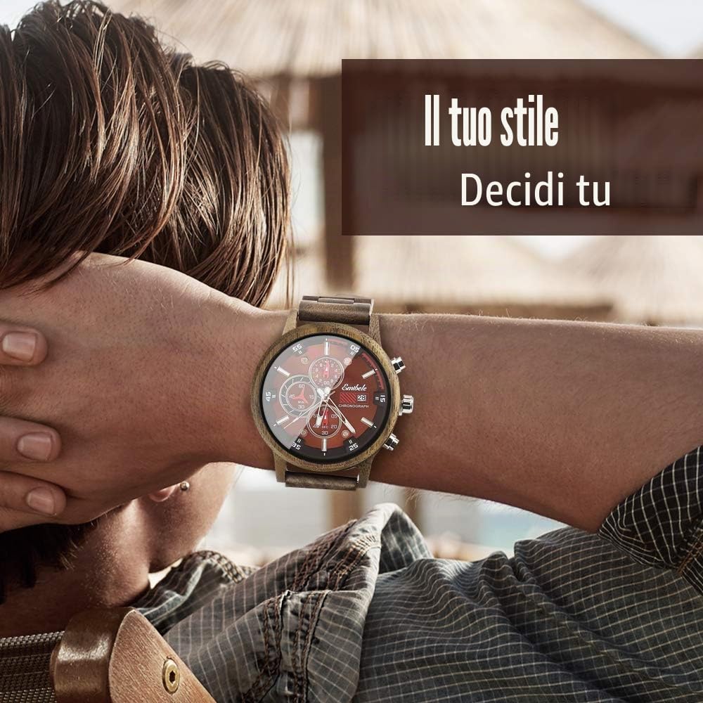 Emibele Orologio da Uomo in Legno, Orologio da Polso al Quarzo Cronografo con Datario, Leggero e Fatto a Mano 3 Quadranti Secondari Resistente ai Graffi Elegante