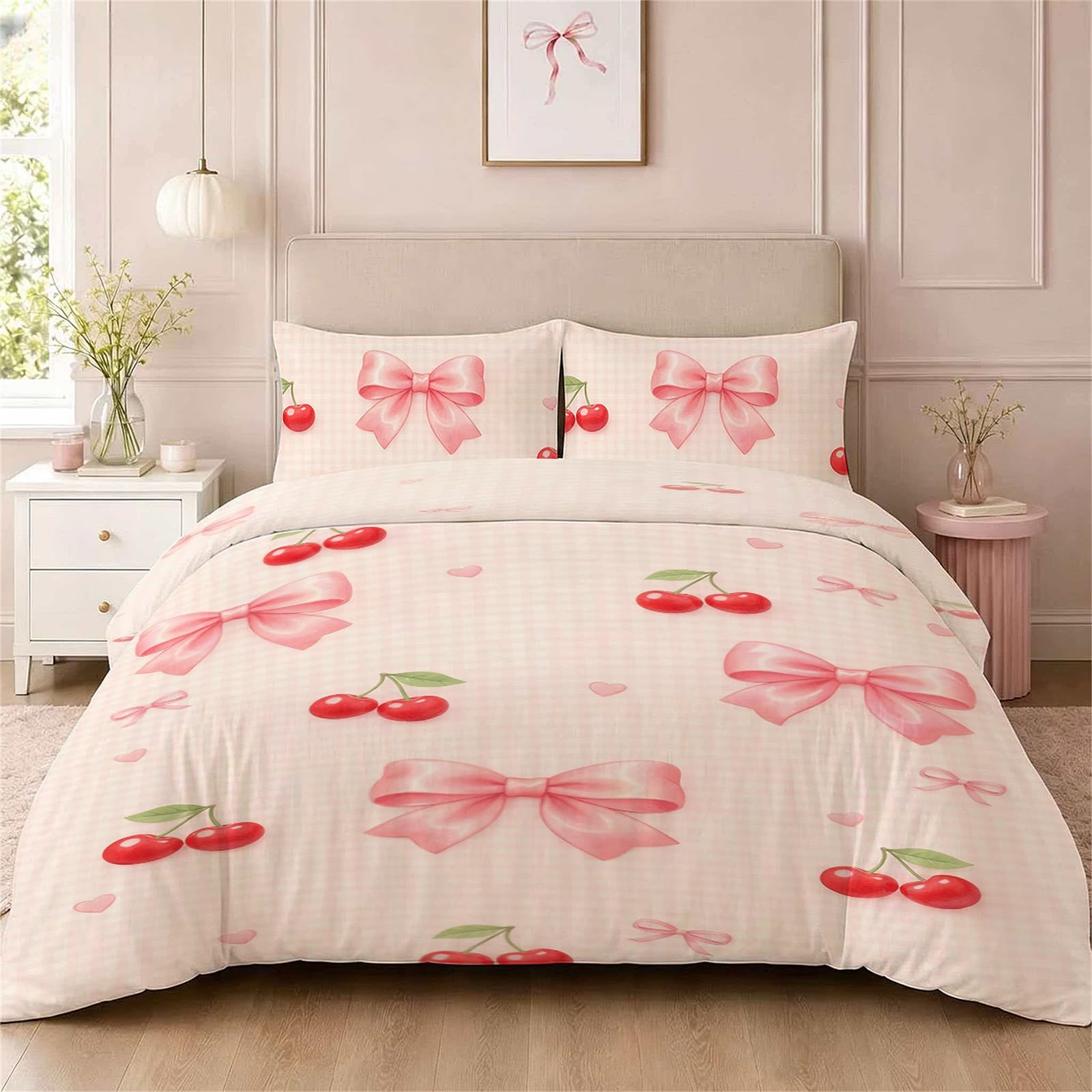 Vryxel Girls Kids Cherry Bow Heart Bedding Double Duvet Cover Set Bed Zipper Pink Red 200 x 200 CM