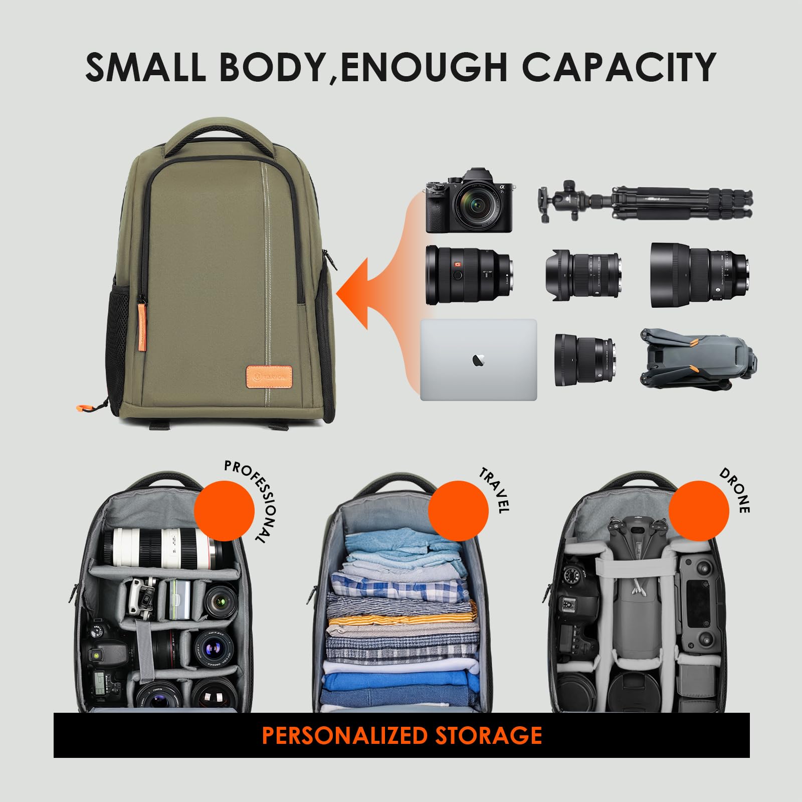 TARION Mochila impermeable para cámara de cámara de gran capacidad con compartimento para portátil de 15 pulgadas, cubierta para lluvia, para mujeres, hombres, fotógrafo, lente trípode, color verde
