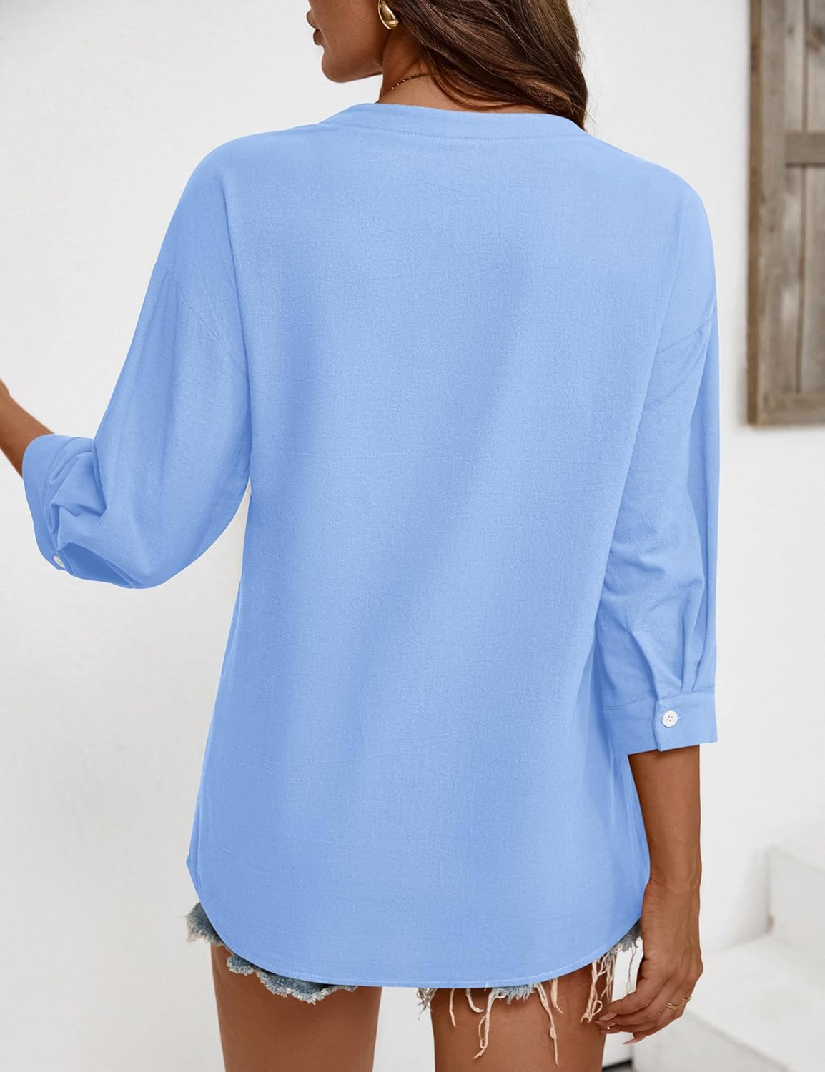 LOMON Cotton 3/4 Sleeve Button Down Shirts for Women V Neck Casual Loose Button Up Blouse - Image 6