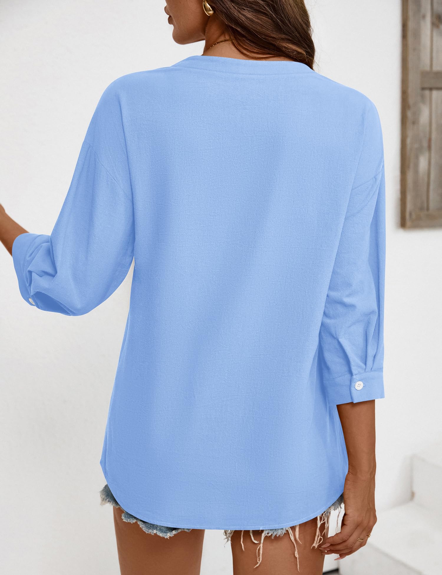 Rapbin Damskie topy długość 3/4 rękaw bawełna len guziki bluzki damskie dekolt w serek jednolity swobodny luźny krój podwijany rękaw T-shirt