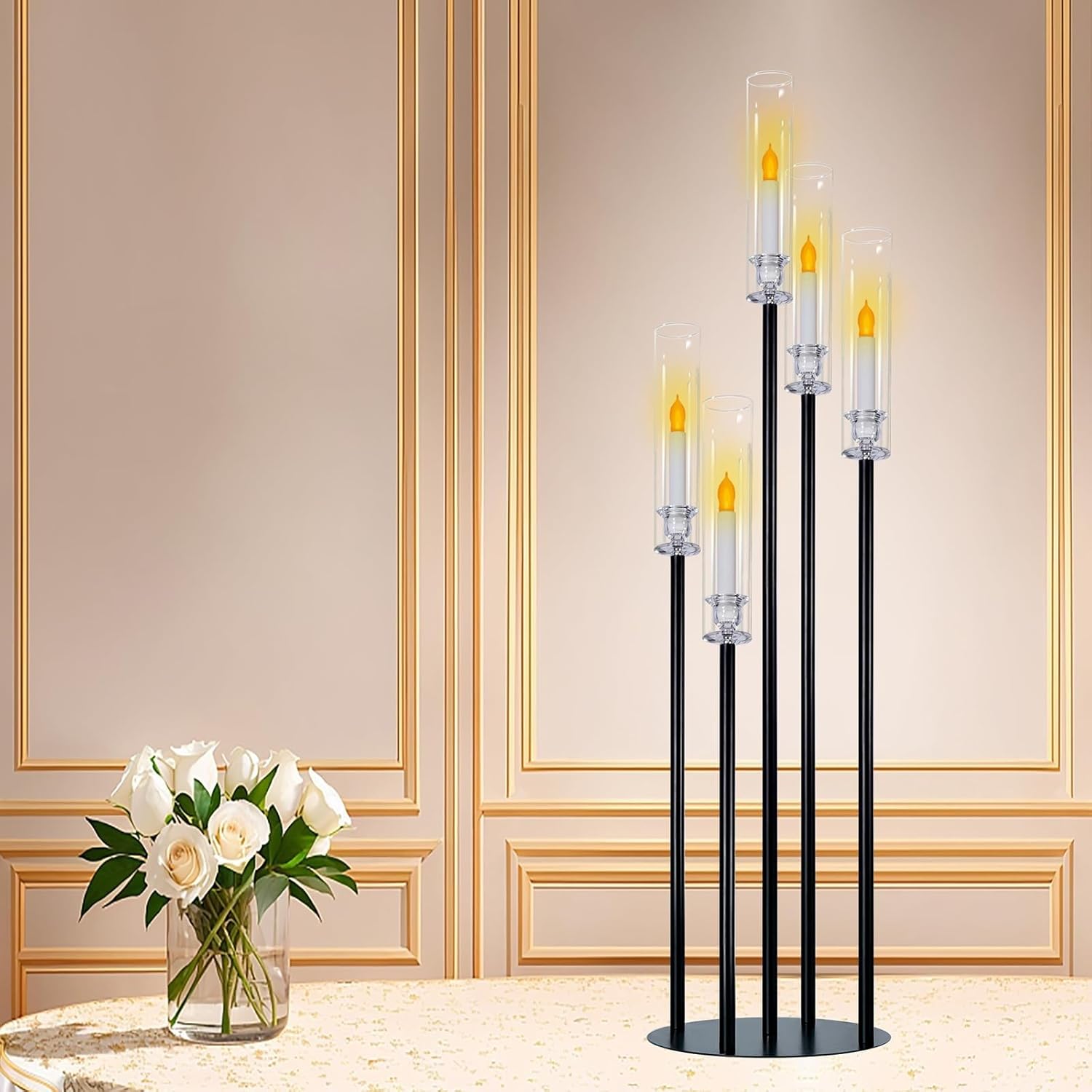 Candle Holder - Candelabra, Metal 5 Arms Candelabra Candlestick Holders, Black Taper Candle Holders for LED Candles, Pillar Wedding Candlestick, Tabletop Centerpieces(4PCS)