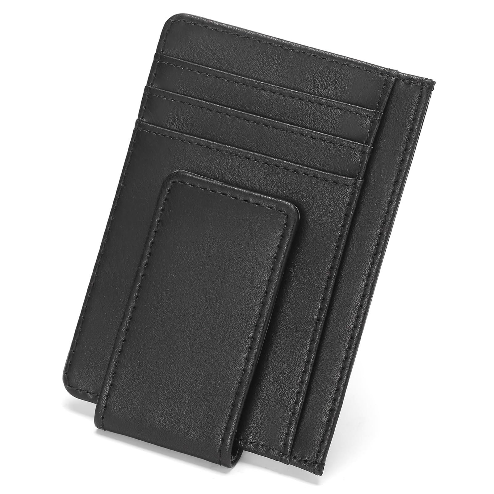 Cartera delgada con cierre magnético para hombre, de piel, bloqueo RFID, minimalista, bolsillo frontal, clip para dinero, tarjetero para tarjetas de crédito, Negro -, Classic 2
