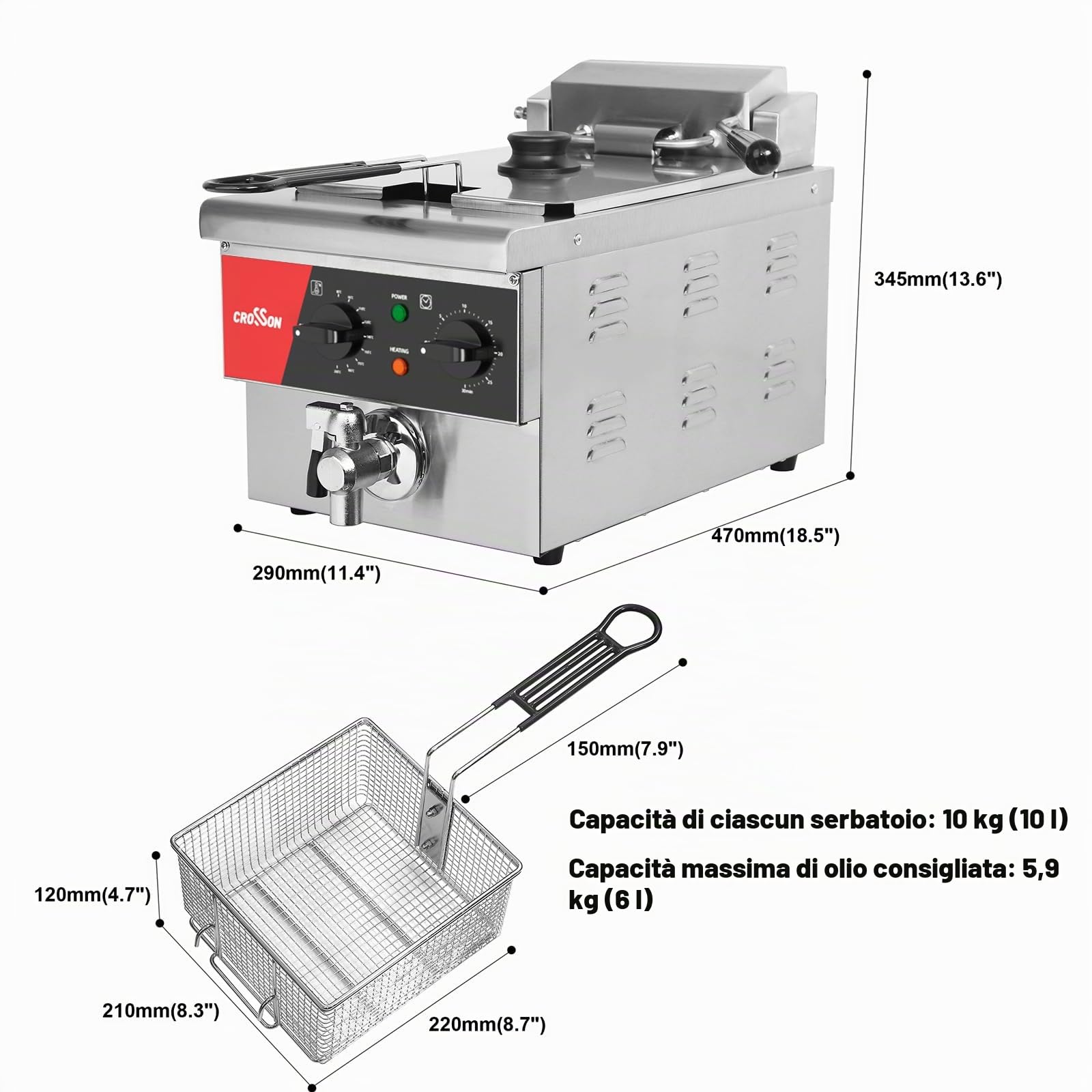 CROSSON Friggitrice Commerciale 6 Litri,Friggitrice Elettrica ad Olio da Inox 3000W con Coperchio,con Rubinetto di Scarico,Controllo Tempo e Temperatura 80-200°C,per Cucina Ristorante