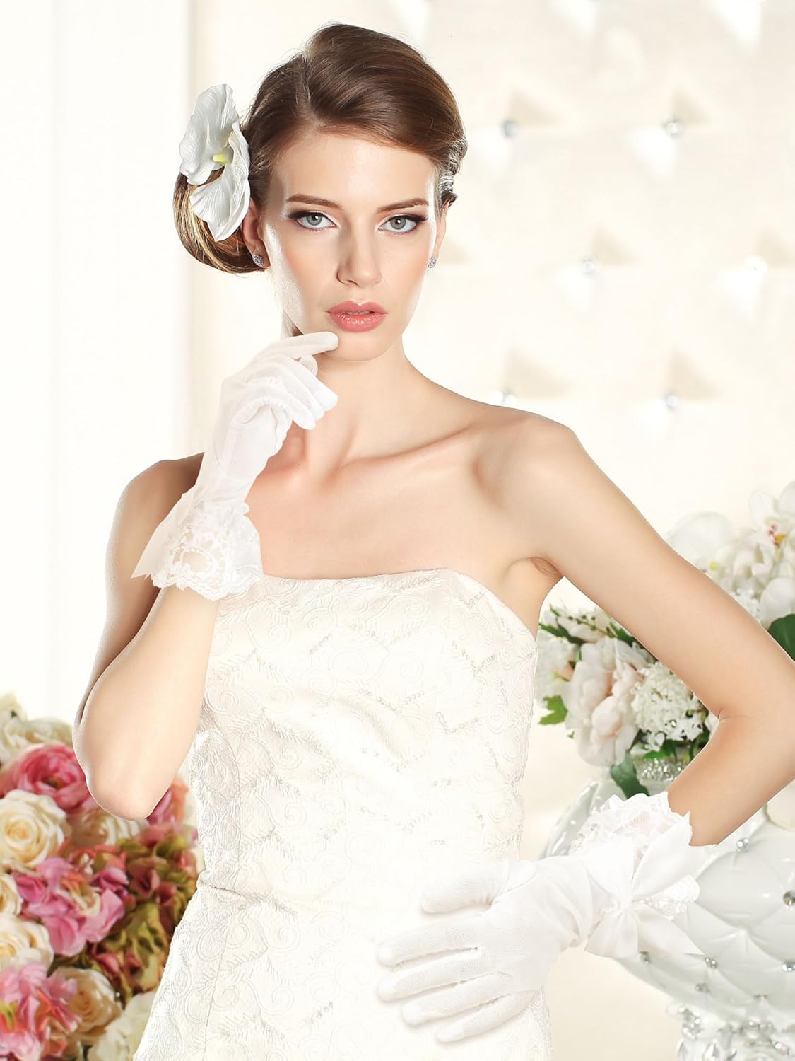 SATINIOR Women Lace Gloves Elegant Short Lace Tea Party Gloves for Women Dinner Party Wedding - Image 5