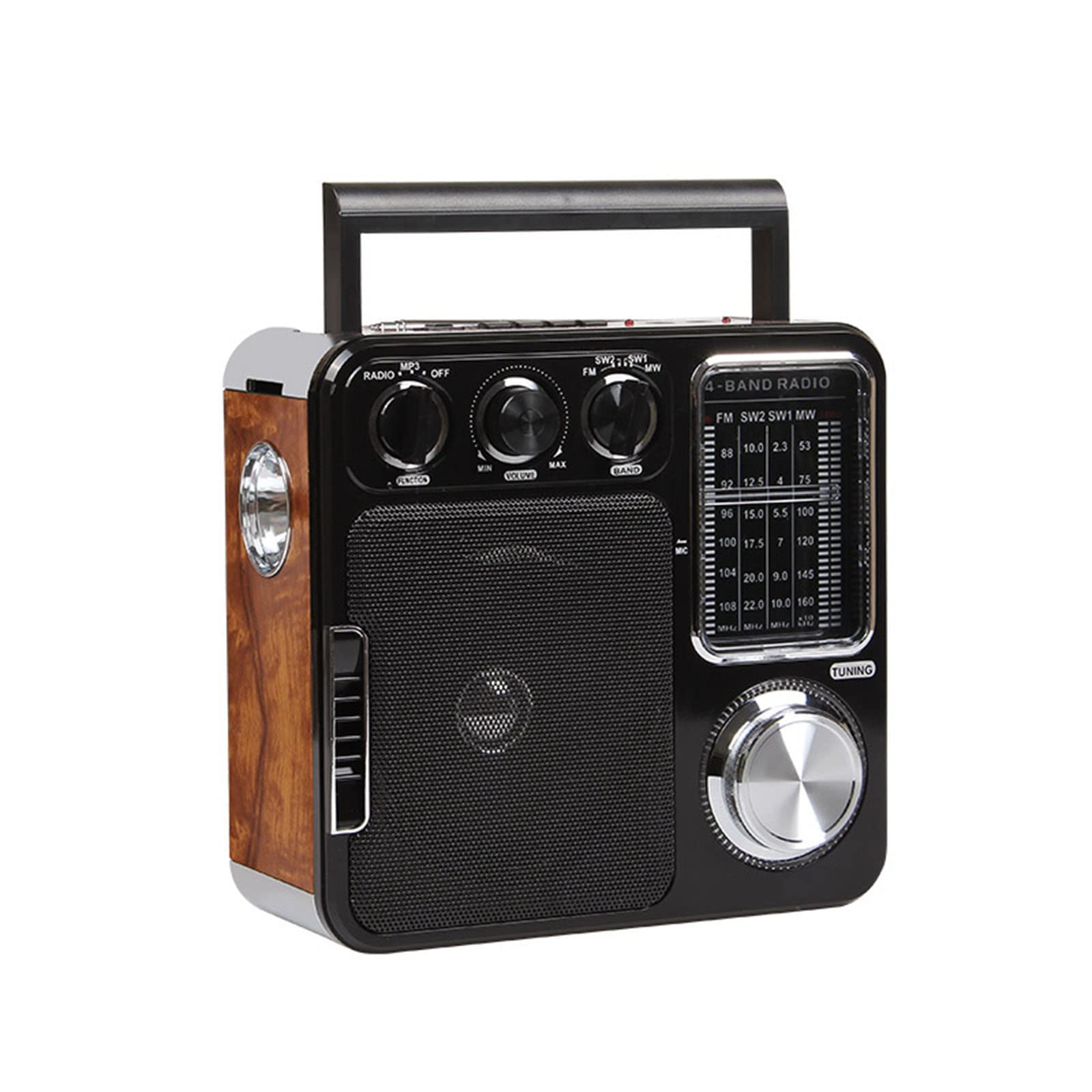 Reproductor de música con Radio FM/Am/SW con Linterna/Perilla iluminada, Compatible con SD/U Disk AUX Play, 3 Modos de Fuente de alimentación,Negro