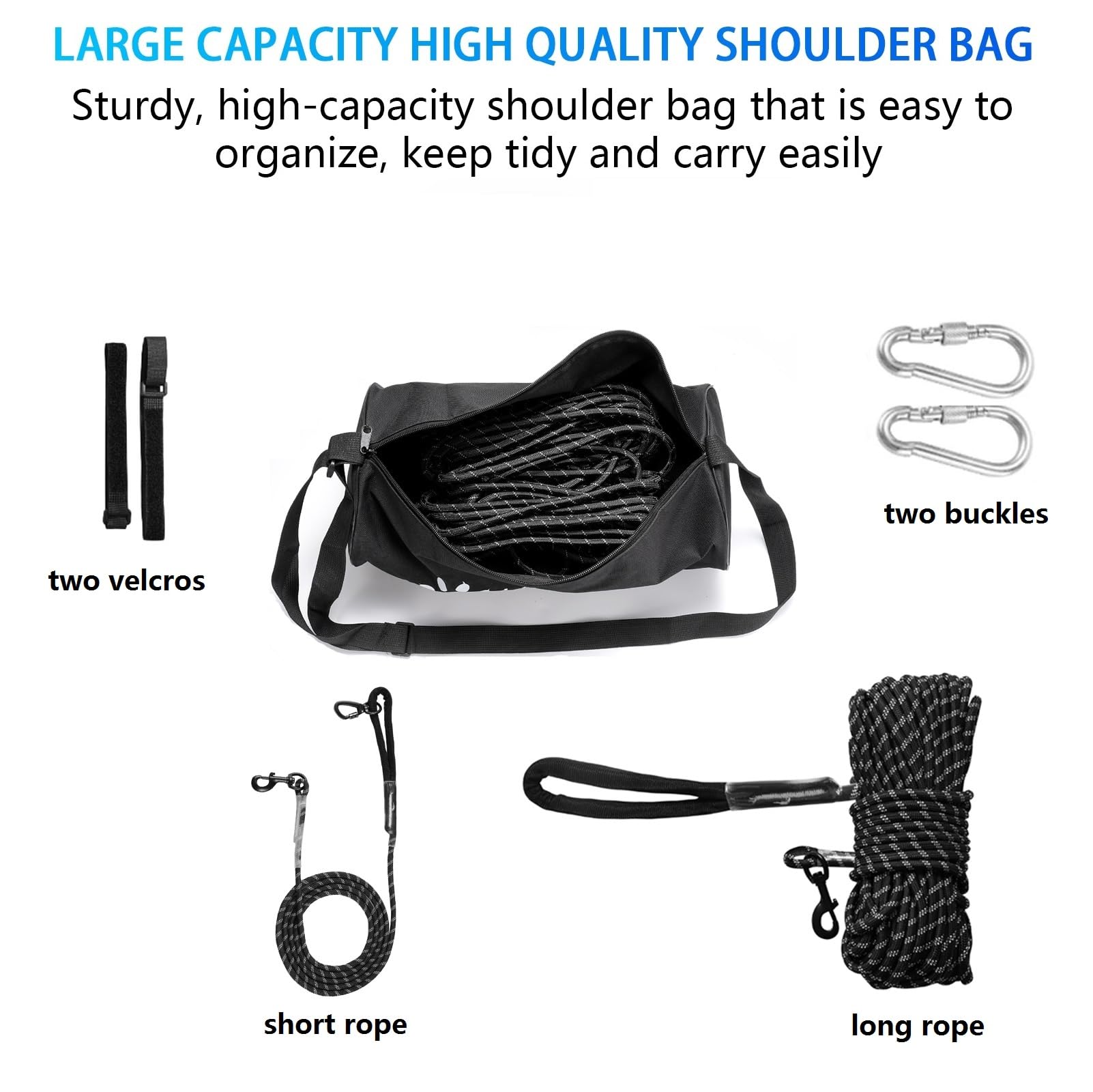 3 in 1 Hund Tie Out Kabel, 15m 30m Portable Overhead Trolley System, reflektierende Hundeleine für Hof Camping Parks Training Laufen Wandern Outdoor, mit großer Kapazität Schultertasche