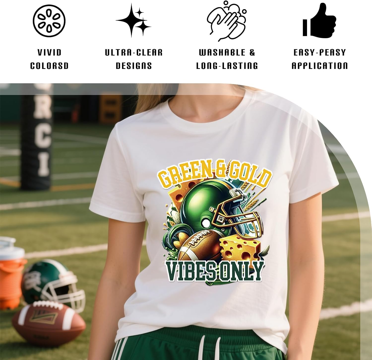 Dazoratix Football Iron on Transfers - 16 Sheets Green DTF Ready to Press Heat Patches Stickers American Game Day Touchdown Season Sport Lovers Vinyl Decals for T Shirts Clothing Bags Hats DIY Crafts