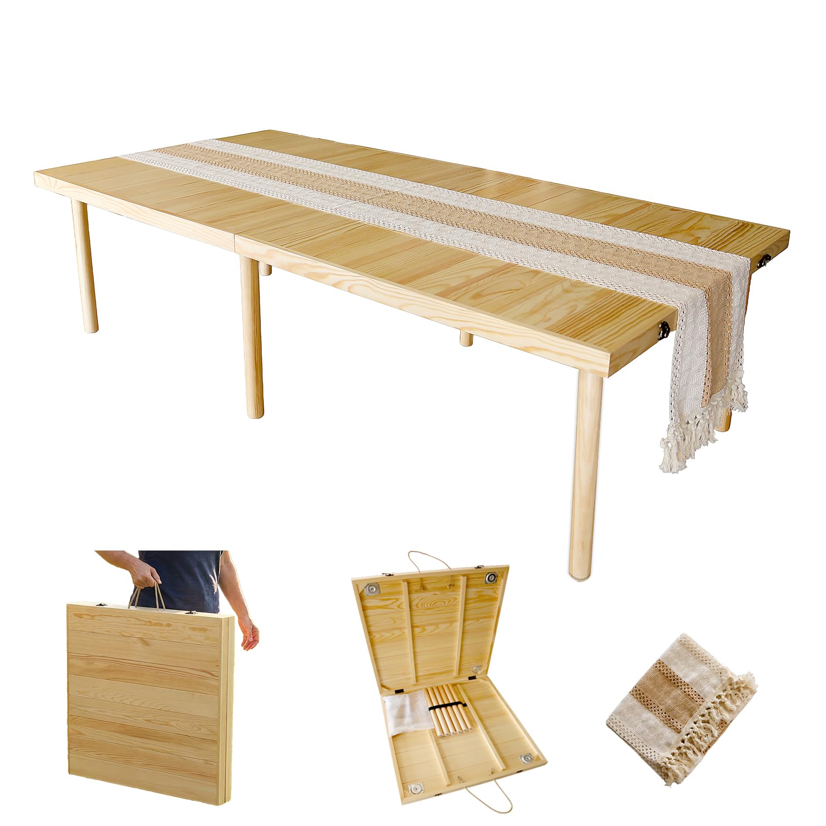 Photo 1 of Amdermi Folding Picnic Table with Table Runner, Portable Boho Low Picnic Table for Indoor Outdoor, 60" x 30" Wooden Table for Camping, Wedding, Beach, Garden, Party(Large Size for 6-8)