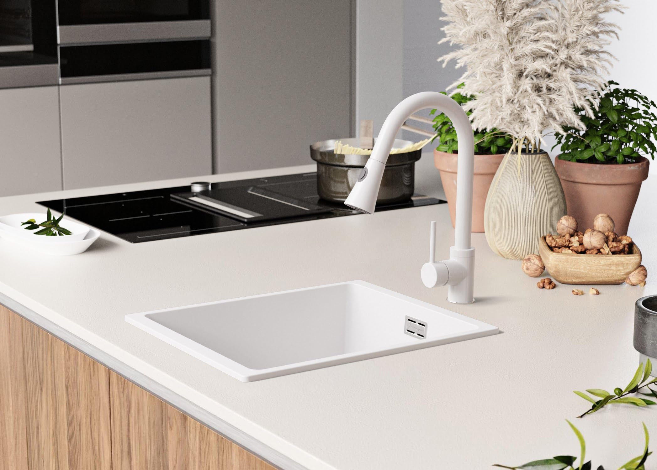 PRIMAGRAN Lavello da Cucina Tutto Bianco 36x47cm, Lavandino in Granito a 1 vasca + Sifone Classico, Lavabo da Cucina Incasso al Mobile 40cm - London Slim S034
