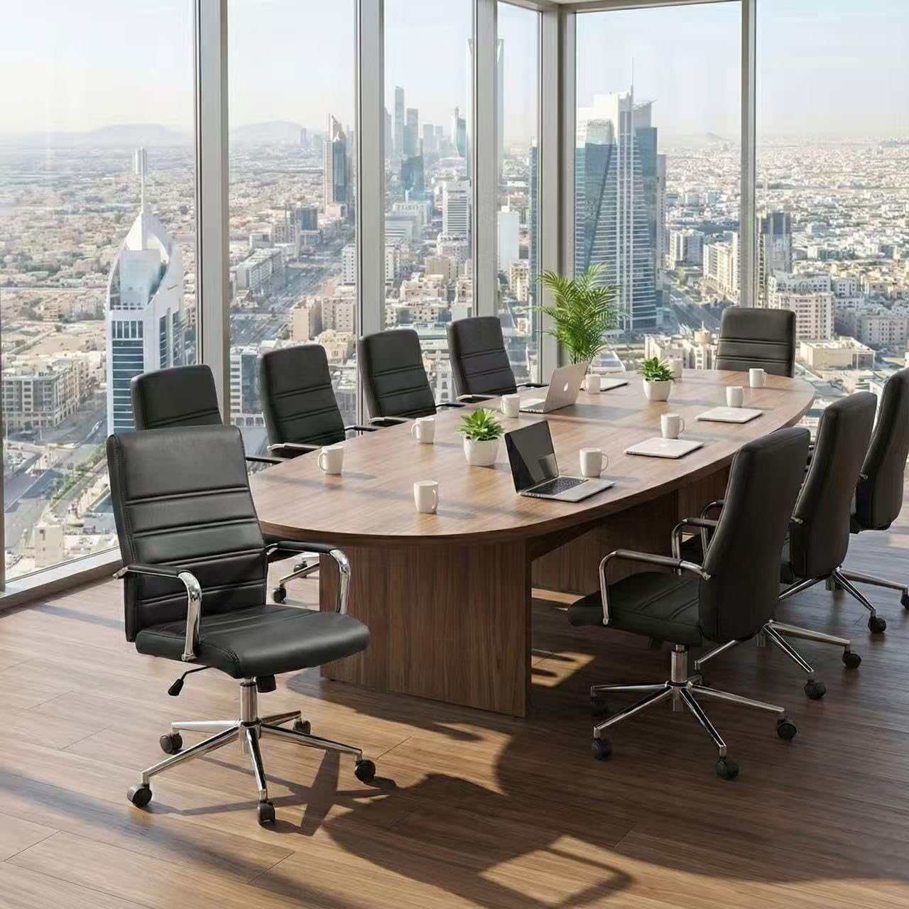 Office Desk Chair Leather, Conference Room Chairs with Wheels, Modern Executive Office Chairs Adjustable Height, Ergonomic Swivel Rolling Ribbed Computer Chair(Black)