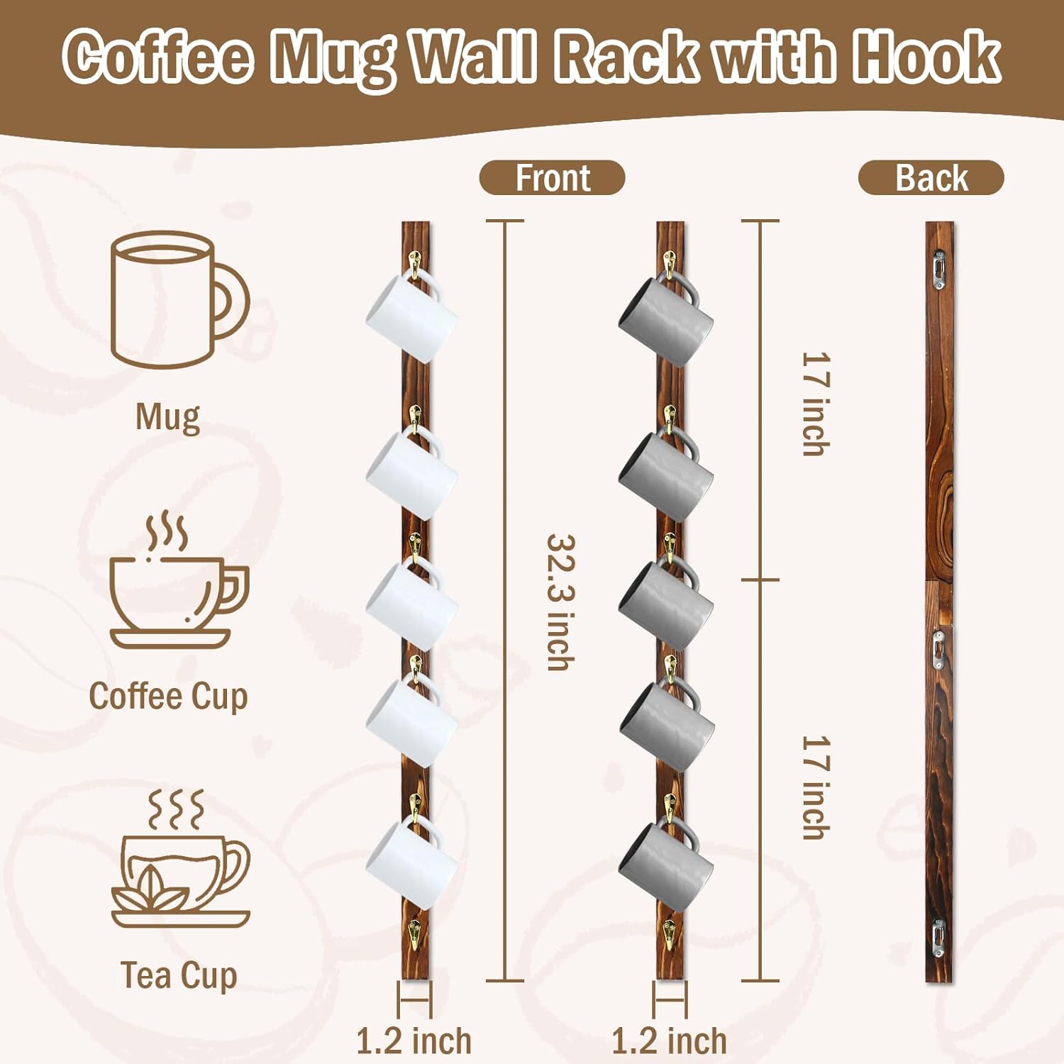 2 Pack Coffee Mug Wall Rack with 12 Hooks Burnt Wood Wall Mounted Coffee Mug Holder Brown Coffee Cup Organizer Coffee Mug Shelf Hanger Espresso Cup Hanging Rack Tea Cup Display Stand for Bar