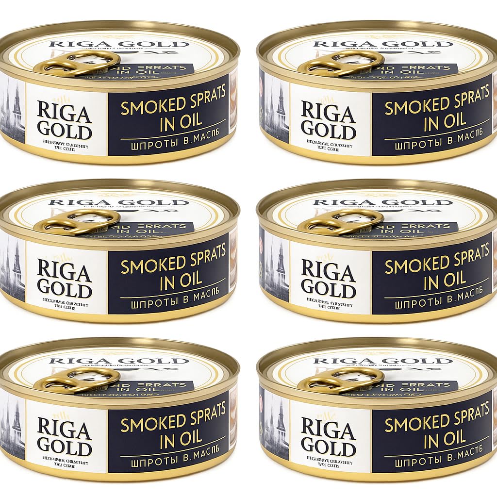 Riga Gold Sprats in Oil Smoked 160g – Canned Fish from Latvia, Wild-Caught, Rich in Omega-3, Ready to Eat, Premium Quality Seafood 6 PACK