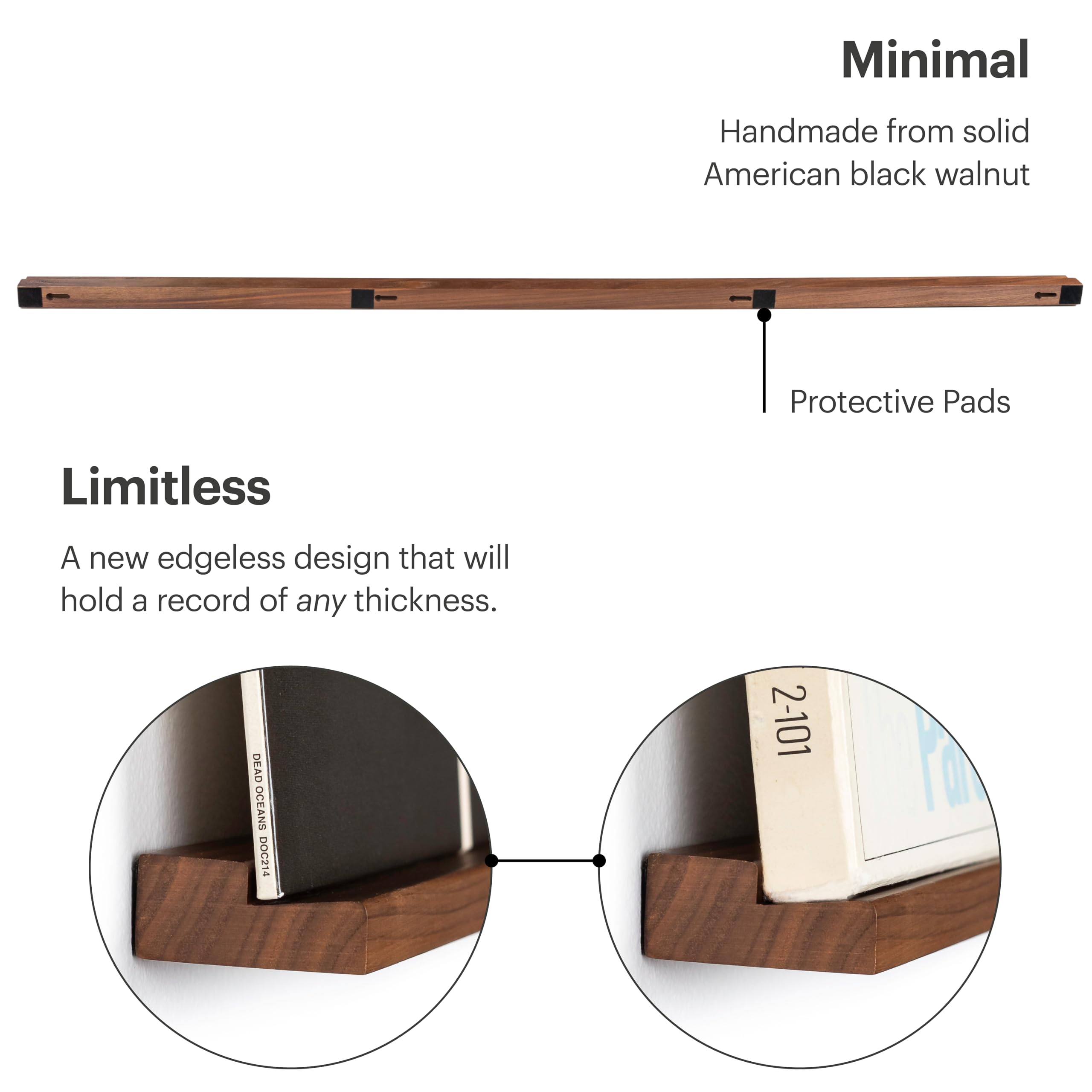 MNKE Vinyl Record Wall Mount - Three 96 cm Long Elegant Display Ledges Made from Solid Walnut - These Vinyl Record Shelves Will Hold Records of Any Size (Walnut) - Image 3