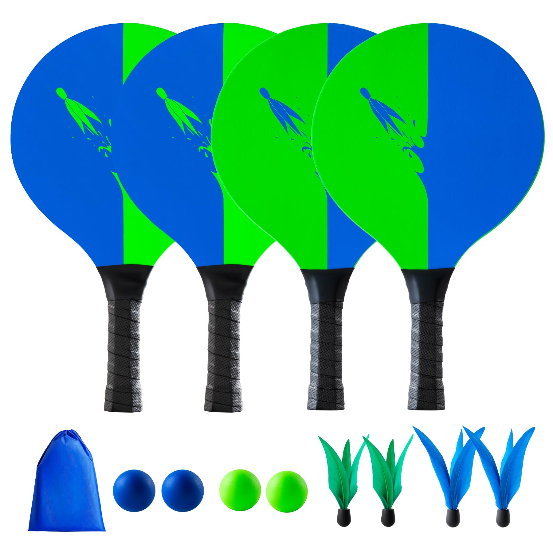 U&C Planet Beachball Set Paddle Ball Game Wooden Beach Bat Set Racket Game for Children&Family 4 Paddles 4 Balls and 4 Birdies Toys for Garden Beach Party