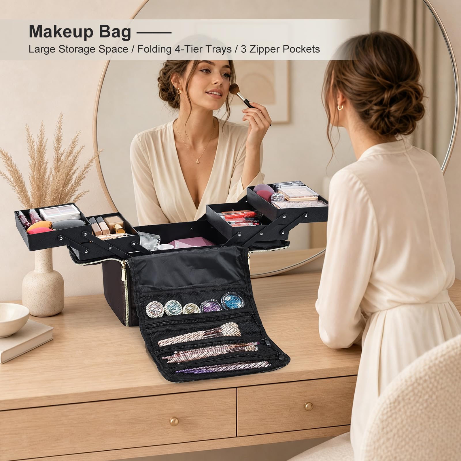 Yueieoun Large Travel Makeup Train Case with 4-Tier Organizer