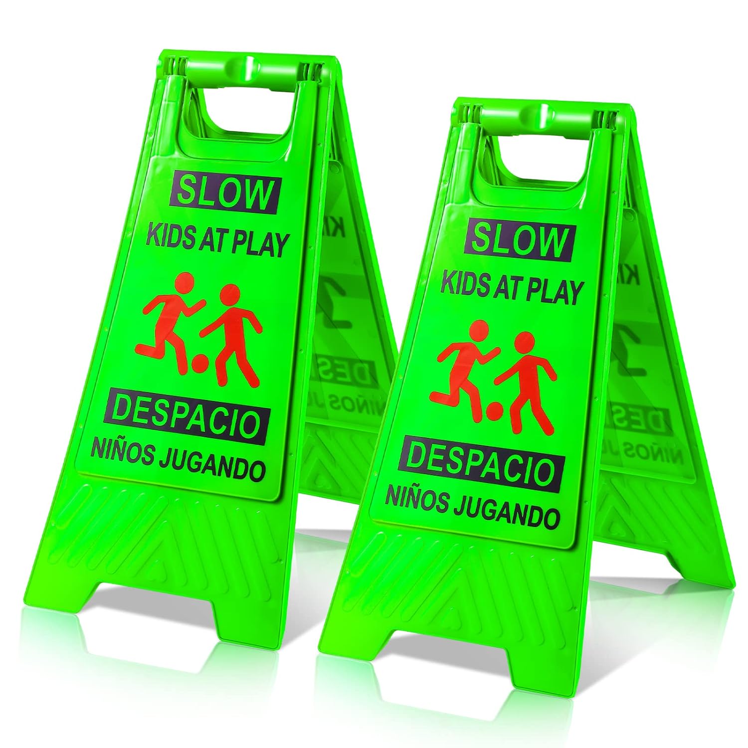 2 Pcs Slow Kids at Play Sign, Children at Play Safety Signs with Double Sided Text and Graphics, Caution Playing Warning Signs for Street Neighborhoods Schools Sidewalk Driveway (Green, Classic)