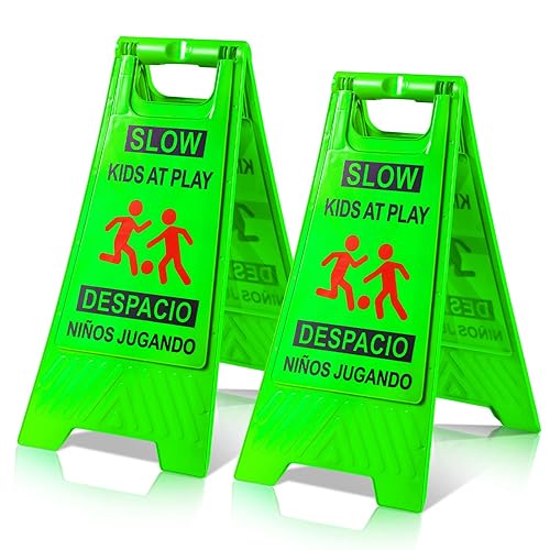 2 letreros de seguridad para niños en juego lento, texto y gráficos de doble cara, letreros de advertencia para jugar en la calle, vecindarios,
