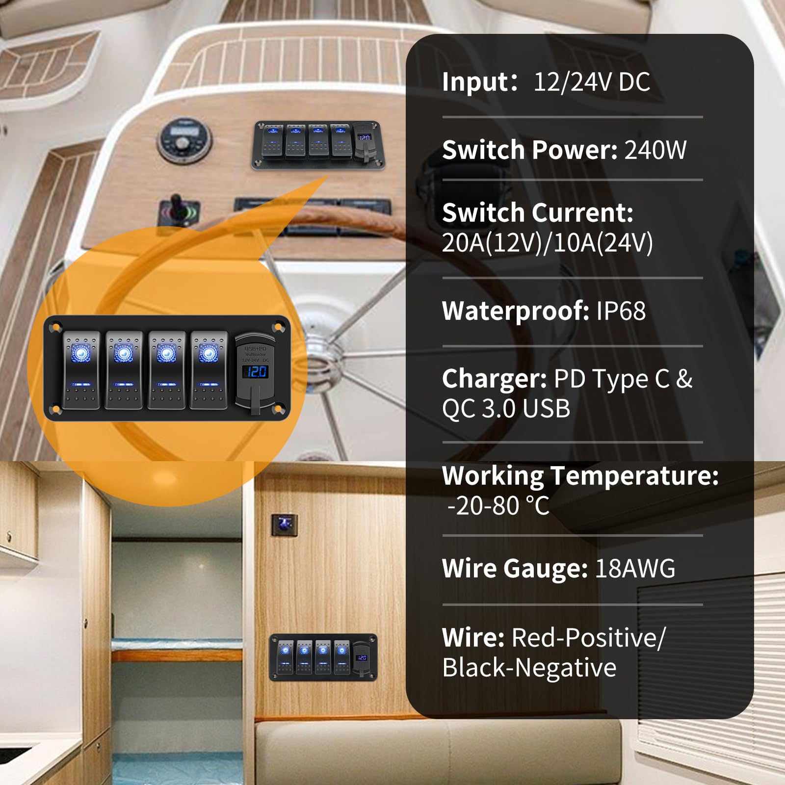 RVZONE 4-biegowy wodoszczelny panel przełącznika kołyskowego IP68, DC 12-24 V, cyfrowy woltomierz LED + podwójne USB (QC 3.0 i typ C), szybkie ładowanie, wstępnie okablowany panel przełącznika