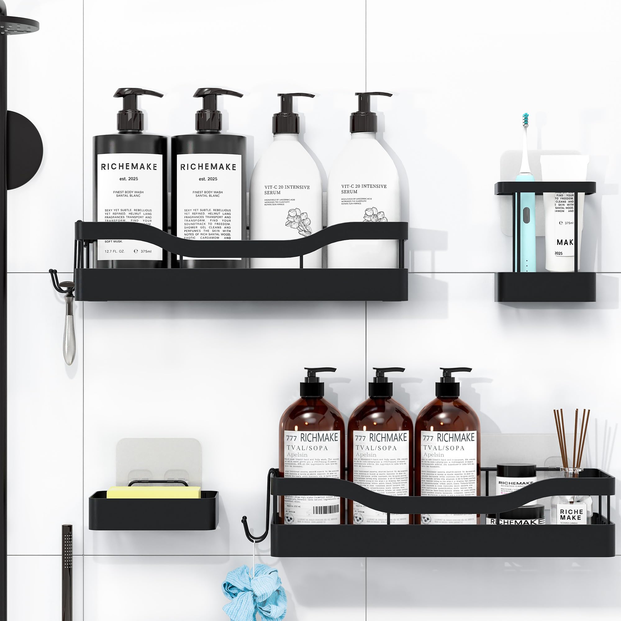 RicheMake Heavy-Duty Adhesive Shower Caddy, Black Organizer