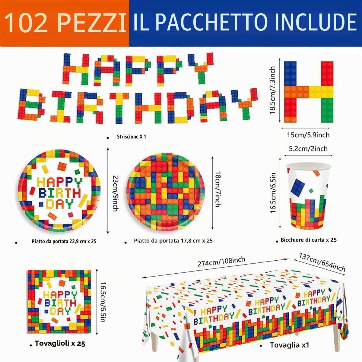 LATERN 102 Pezzi Elemento Costitutivo Compleanno Festa Carta Stoviglie, 25 x Piatti Piani e Piatti da Insalata, 25 x 270ml Tazze, 25 x Tovaglioli, 1 x Striscione, 1 x Tovaglia - per Festa Decorazione