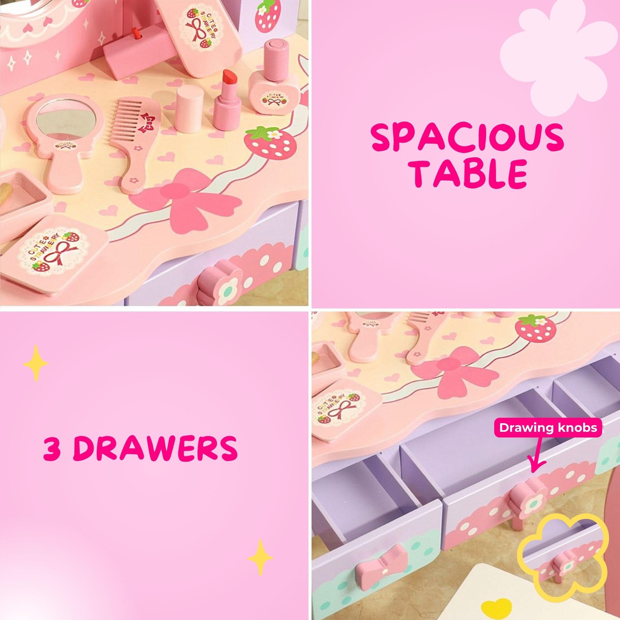 Tocador Infantil de Madera con Taburete y Cajones. Mesa de Maquillaje para Niñas con Accesorios y Espejo Plegable. Juego de Tocador de Maquillaje y Silla para Niña +3 Años, para Regalo de Cumpleaños.