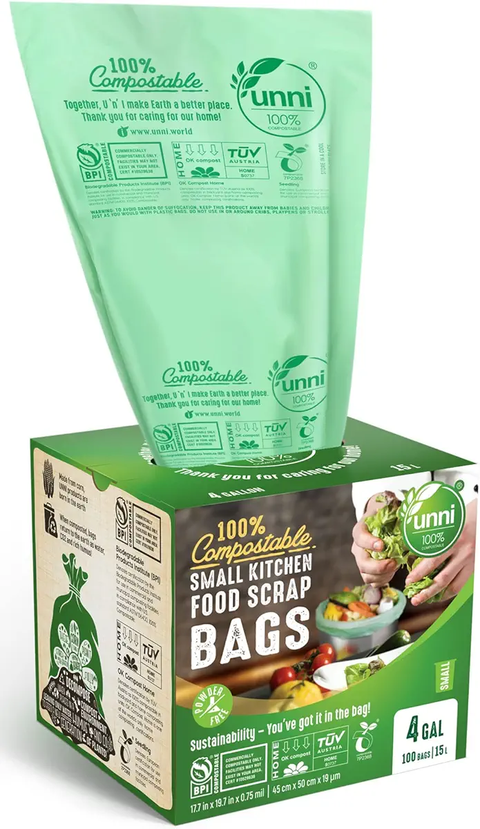 UNNI 100% Compostable Bags, 4 Gallon, 15 Liter, 100 Count, Extra Thick 0.75 Mil, Food Scrap Bags, Small Compost Bin Compatible, ASTM D6400, US BPI and Europe OK Compost Home Certified, San Francisco
