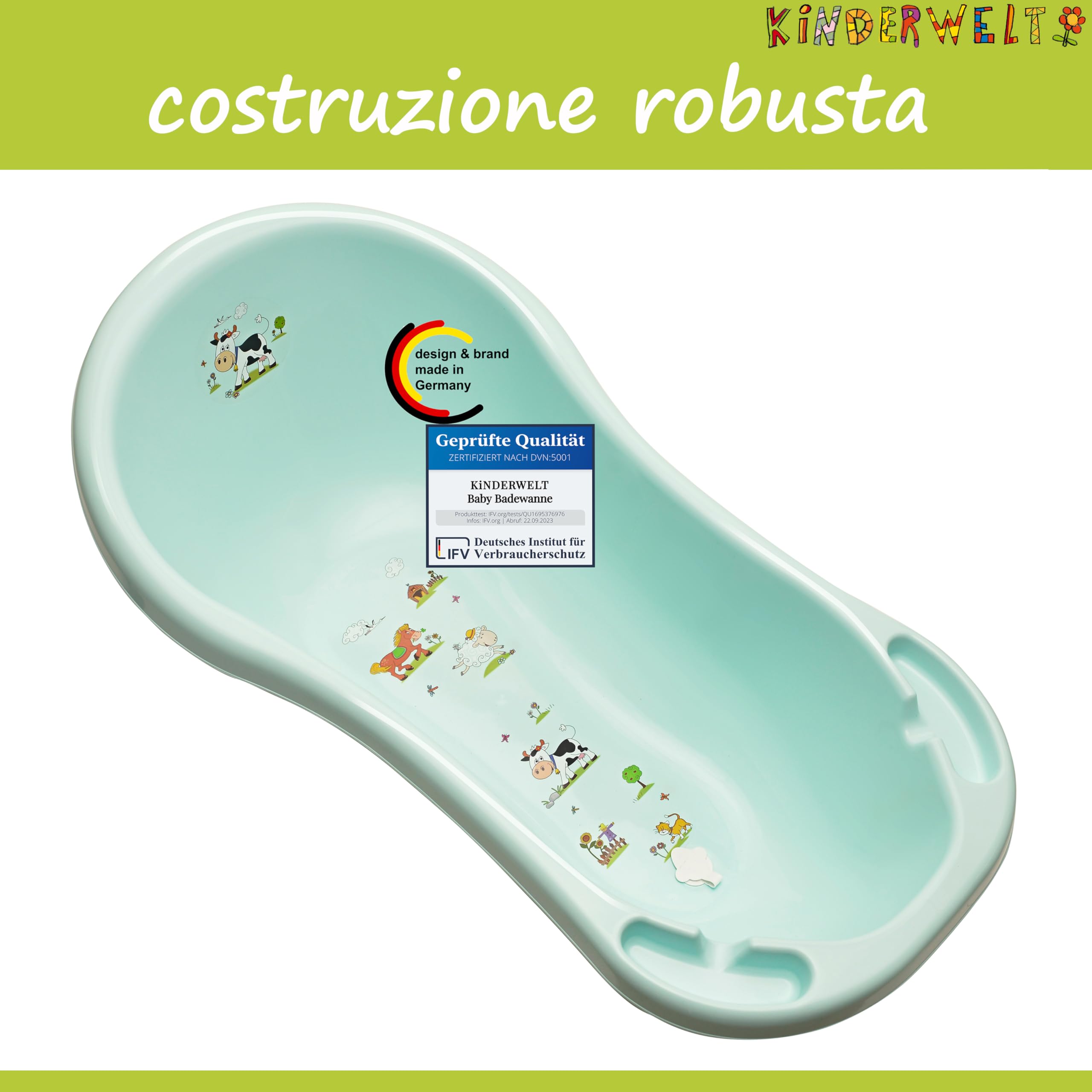 KiNDERWELT Navicella 100 cm - Vasca da Bagno per Neonati Con Motivo Funny Farm - Senza BPA - Aqua