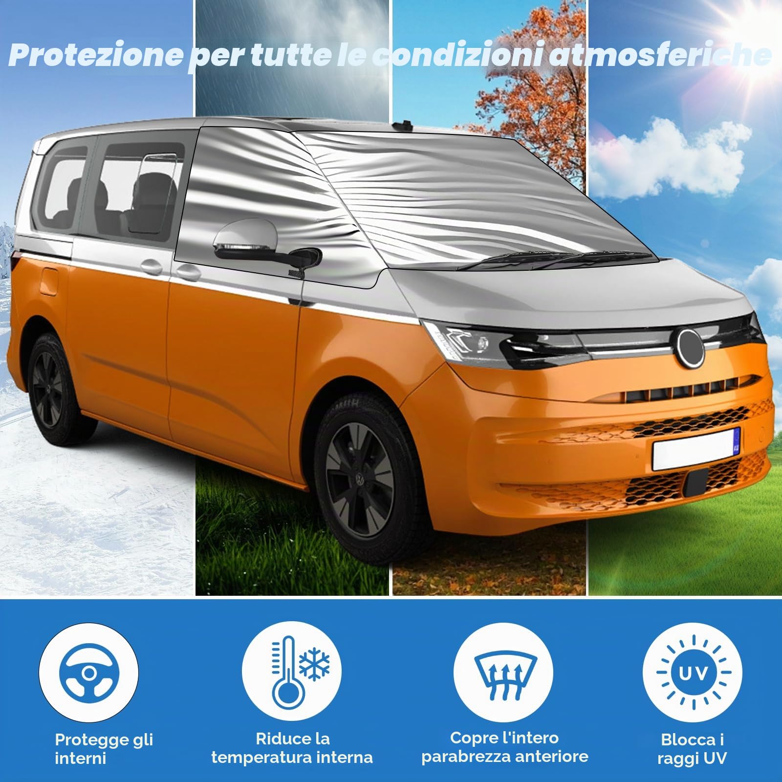 Copertura per parabrezza di ricambio per VW Caravelle/Transporter/Multivan T7, lusso argento, copertura per parabrezza, frontale pieghevole, protezione solare, tappetini termici, oscuramento completo