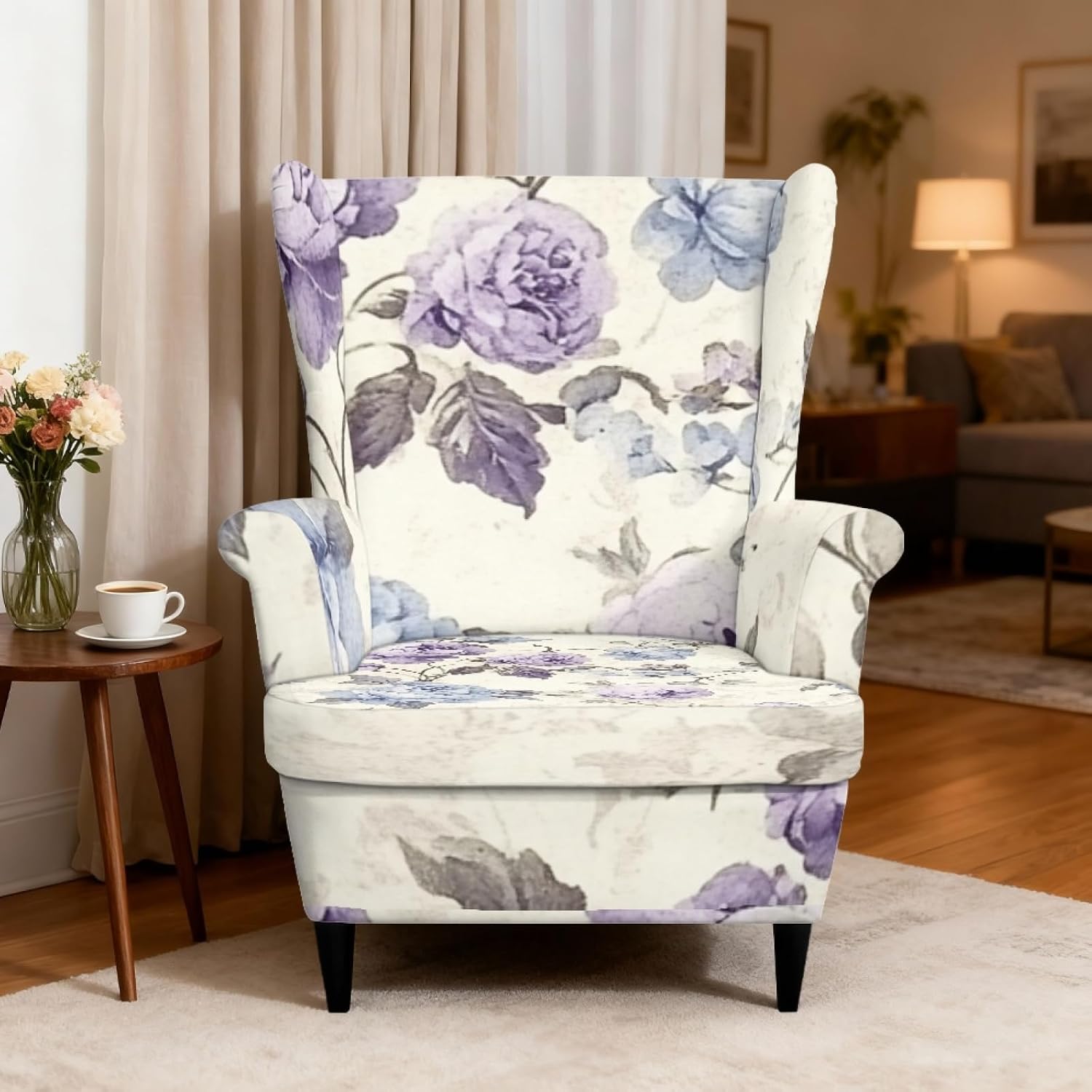 Retro Purple Floral Wingback Chair Cover 2 Piece Wing Backed Sofa Slipcover with Elastic Bottom Living Room Couch Slipcover for Armchair Easy to Install