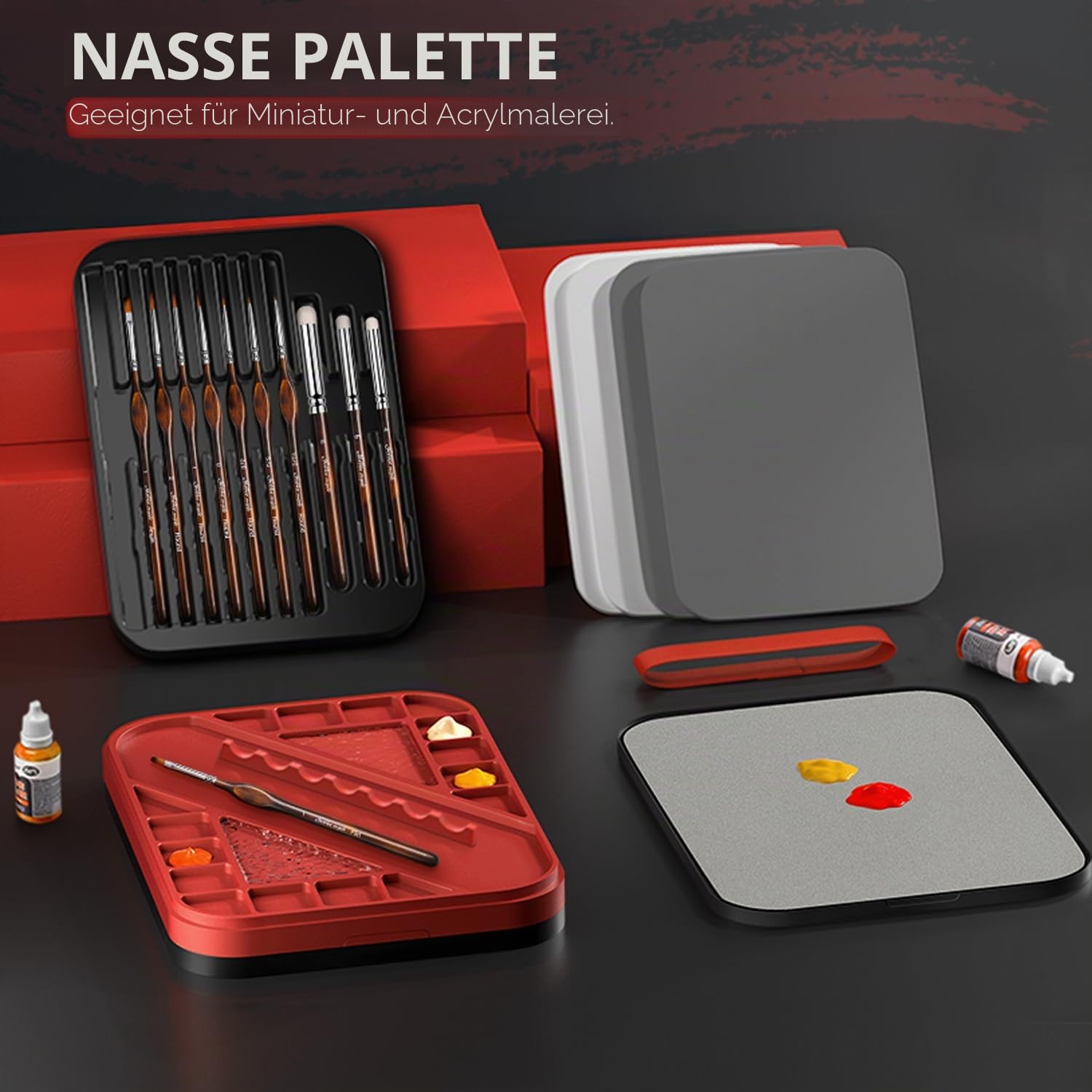 Golden Maple 2-in-1 Nass- und Trockenpalette mit Deckel – Nasspalette zum Malen von Miniaturen. Enthält: 11 Miniatur-Pinsel, 100 Blatt Palettenpapier, 4 Schwämme und Pinselhalter
