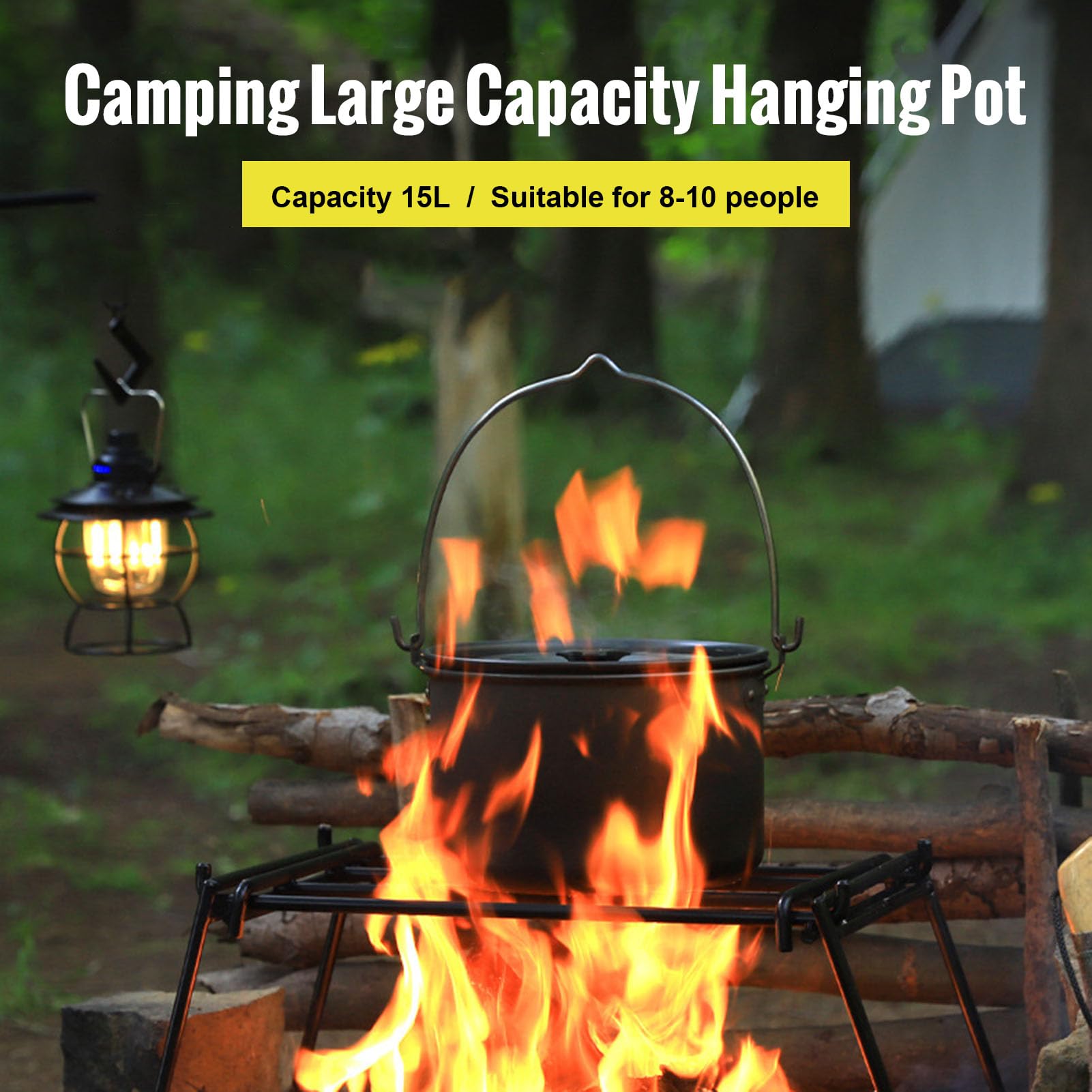 Olla Colgante para Acampar de Aleación de Aluminio con Mango Elevador de Tapa, Juego de Cocina para Olla Colgante Portátil Grande para Exteriores de 15 L para 8-10 Personas, para