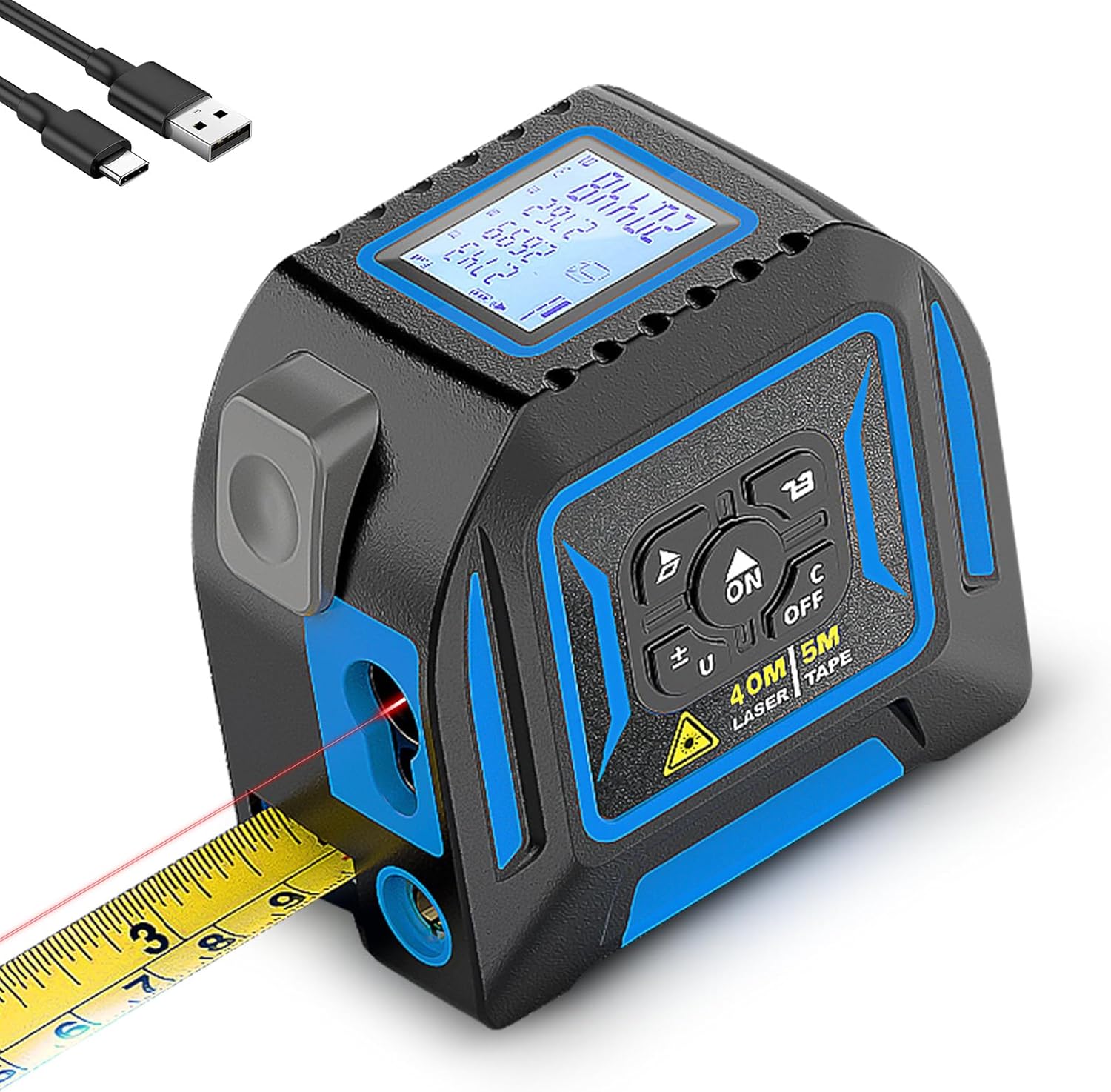 2-in-1 Laser Tape Measure, 130ft/40m Laser Distance Meter with 16ft/5m Self-Locking Tape, USB-C Rechargeable Digital Measuring Tool, Backlit LCD, 20-Record Memory