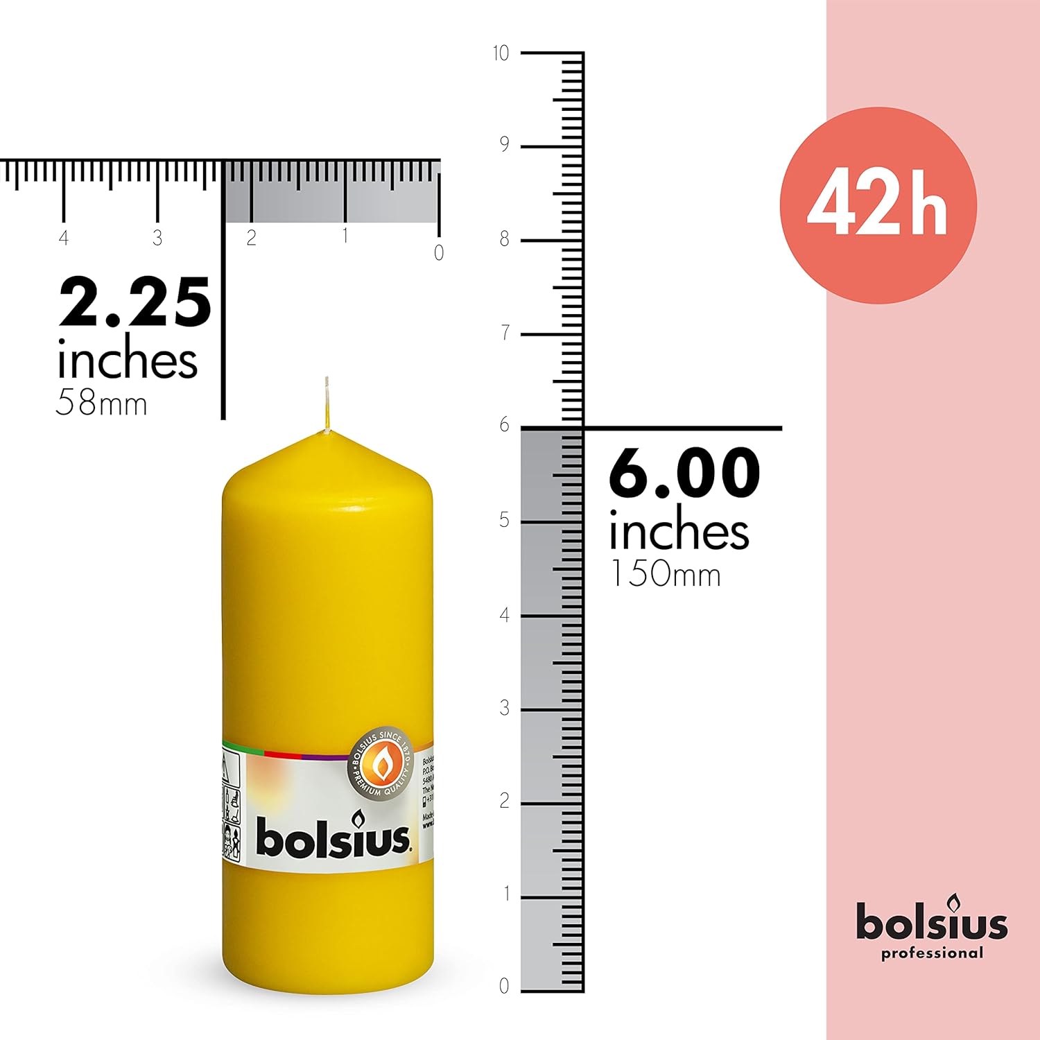 BOLSIUS 10 Yellow Pillar Candles - 2.25 x 6 Inches - Premium European Quality - Individually Wrapped - 42 Hours Burn Time - Dripless Smokeless Unscented Dinner, Wedding, Party, & Restaurant Candles