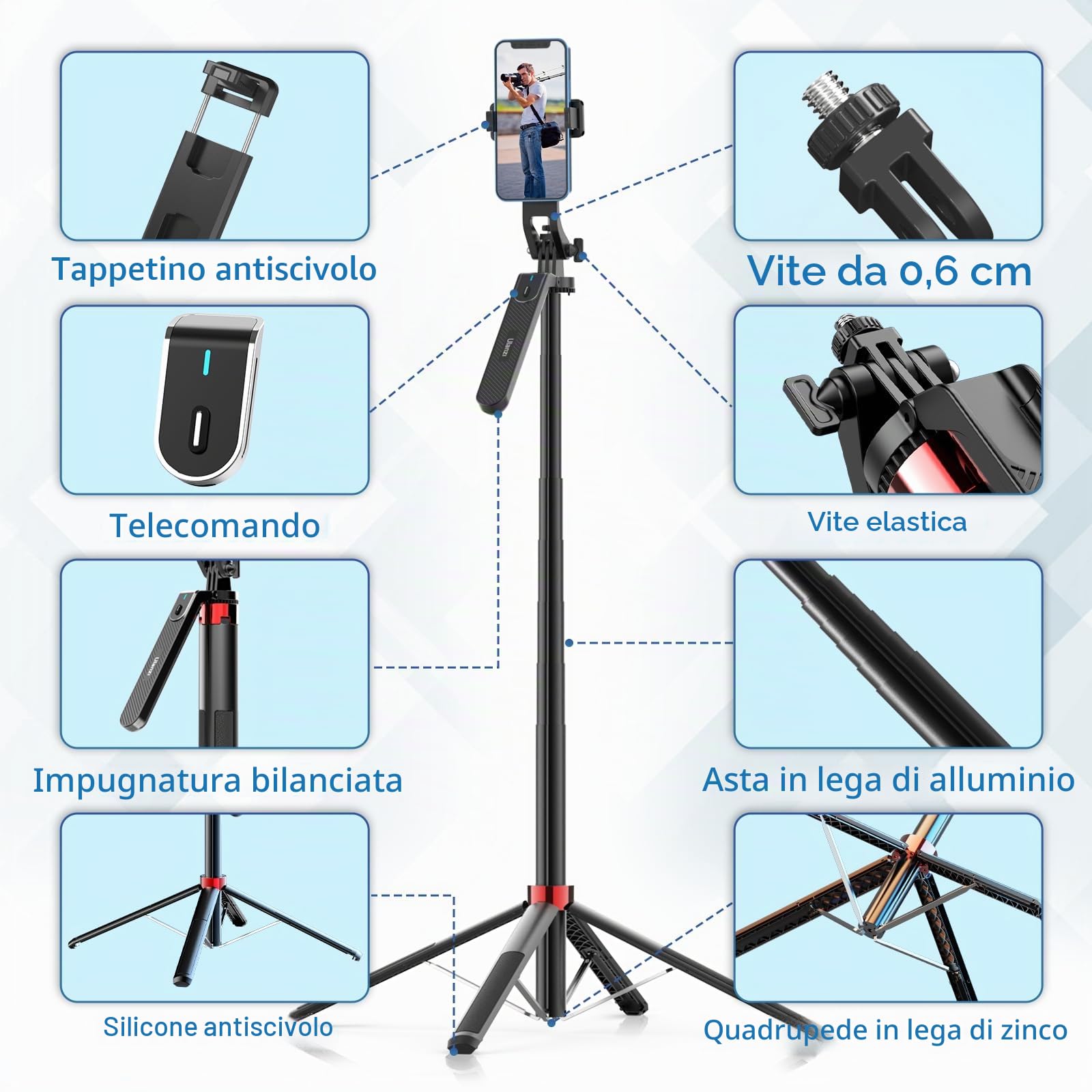 180CM Treppiede per cellulare, Ulanzi Selfie Stick Quad Tripod con telecomando Bluetooth, rotazione di 360° in alluminio estensibile treppiede Smartphone, compatibile, iPhone, Xiaomi, Huawei