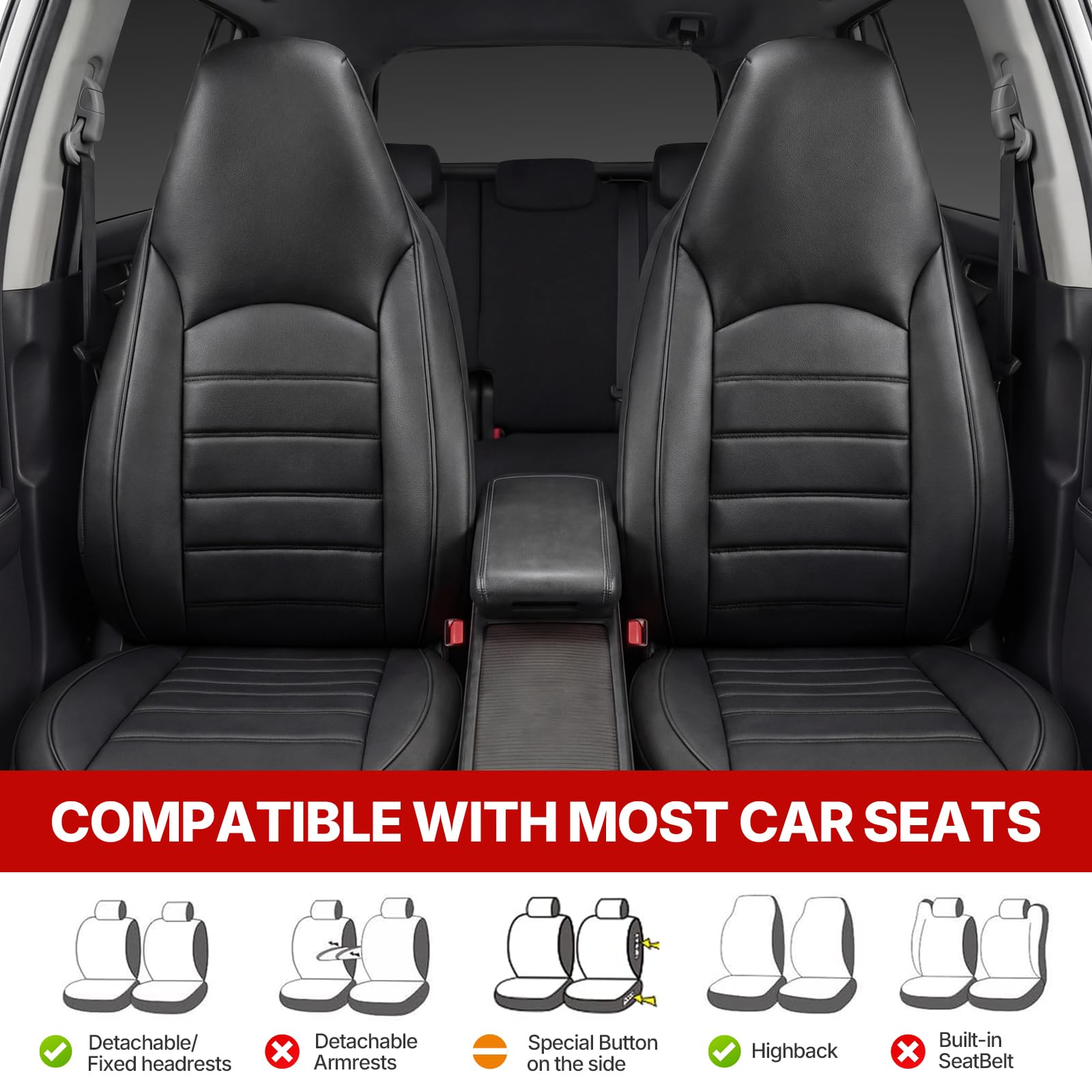 AUTOYOUTH Lot de 2 housses de siège avant universelles en cuir PU imperméable - Noir - Compatible avec airbag - Pour SUV, camionnette, berline