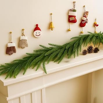 5FT Realistic Norfolk Pine Christmas Garland, Artificial Green Garland for Fireplace, Stairs, Doors & Windows, Indoor Outdoor Holiday Decorations, PE Material with Hanging Loops(5ft)