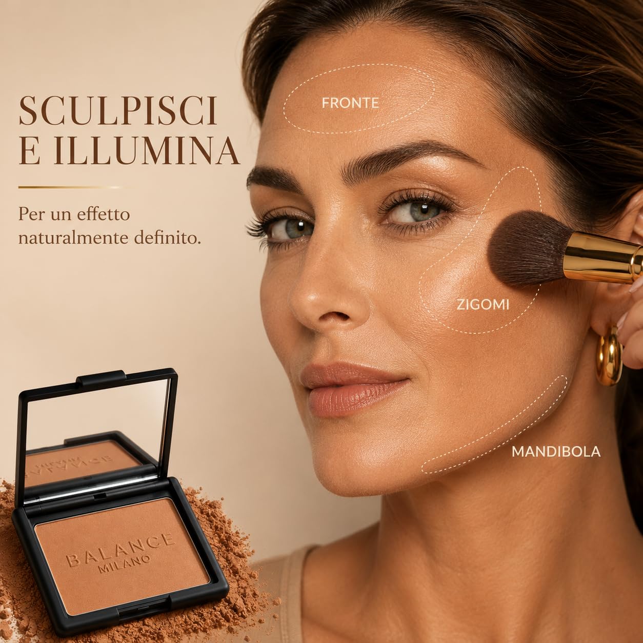 BALANCE MILANO 14g Bronzer in Polvere per Contouring Viso Made in Italy - Terra Abbronzante Effetto Sunkissed Naturale e Radioso - Olio di Jojoba, Mandorle e Vitamina E - Vegan & Talc Free - Make Up