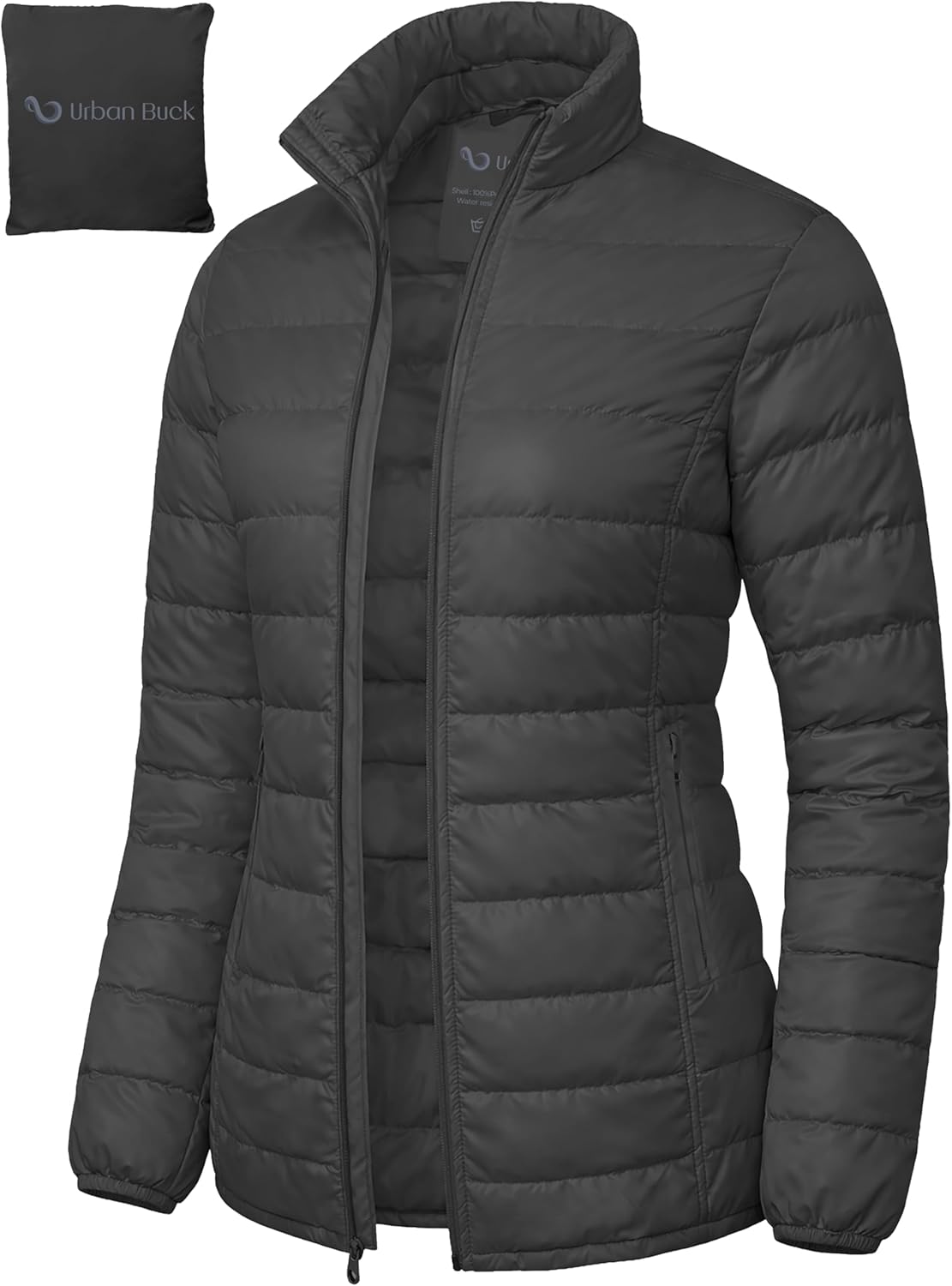 URBAN BUCK Packable Puffer Jacket Women without Hood – 32 Degree Lightweight Travel Winter Plain Puff Foldable Jacket for Women – Ellie Black Quilted Water-Resistant & Repellent For Outdoor (L)