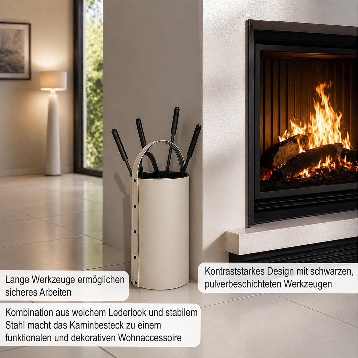 MS Beschläge Kaminbesteck Set 5-tlg mit Besteckbehälter aus Leder Altweiß - moderne Kamingarnitur Kaminwerkzeuge schwarz pulverbeschichtet - elegantes Kamin-Set Ofengarnitur Ofenbesteck mit Tragegriff
