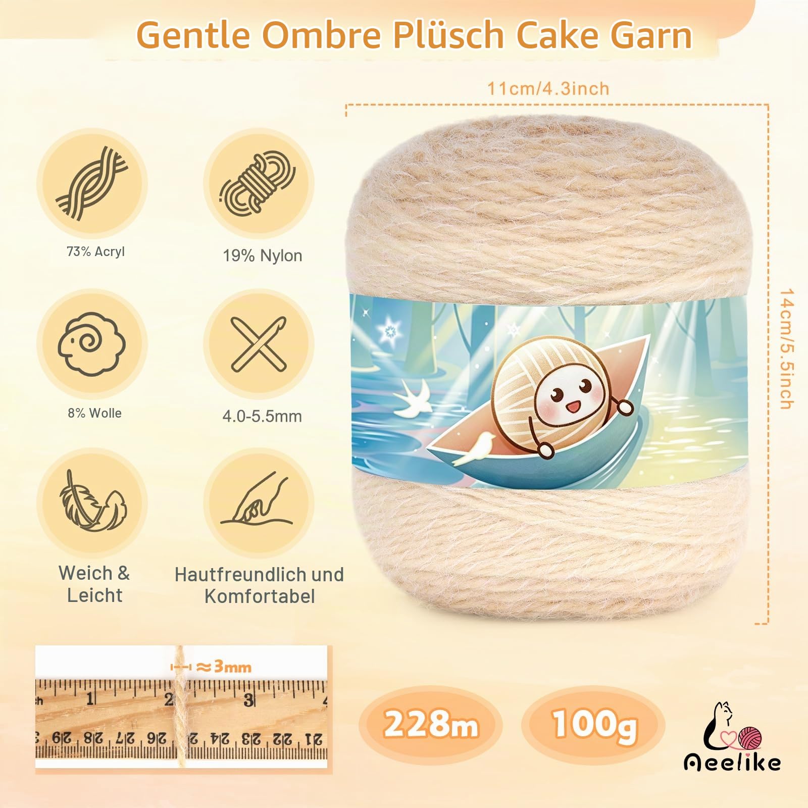 Aeelike 4 × 100g Warme Strickgarn Farbverlauf, Karamellbraun