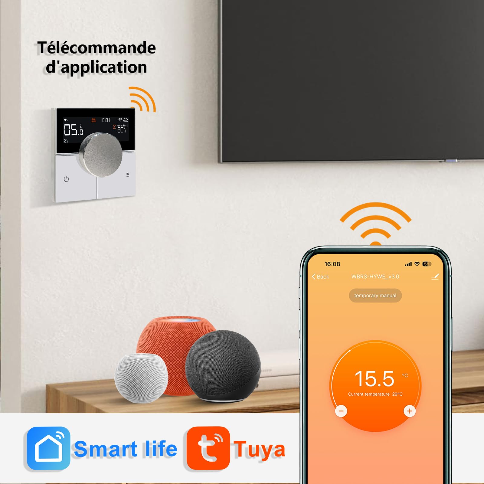 KETOTEK Thermostat Connecté pour Chauffage au Sol Électrique 16A, Thermostat d'ambiance WiFi Programmable Compatible avec Alexa, Smart Life App Télécommande