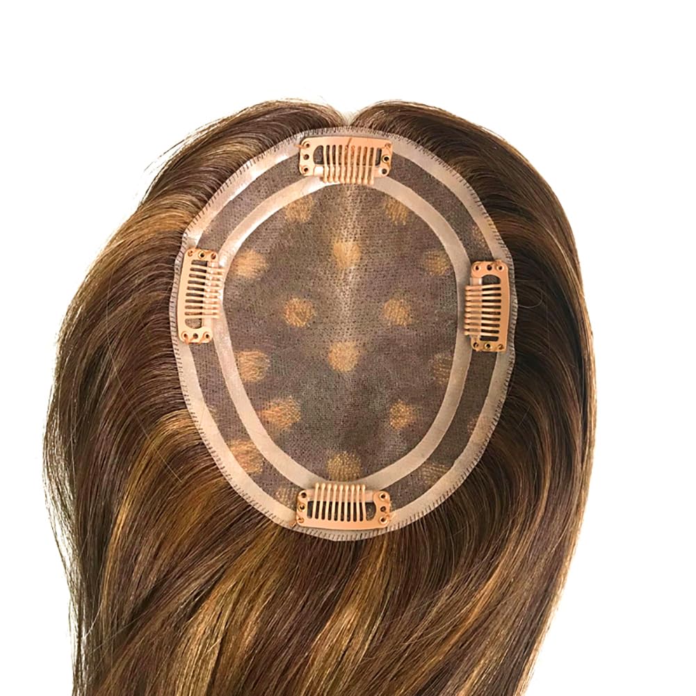 Mono Top Base Women Human Hair Topper With Clips On Size 5"*6" (14 Inch, 4# Highlight 27#)