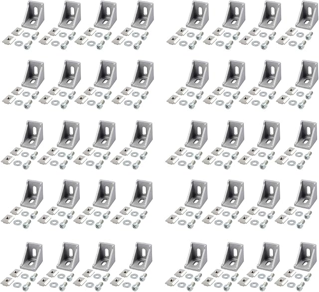 Justech 40PCs 3030 Corner Bracket L Shape Right Angle Bracket Joint Brace Fastener Home Hardware Aluminum 90 Angle Bracket with Screws 35x35x28mm