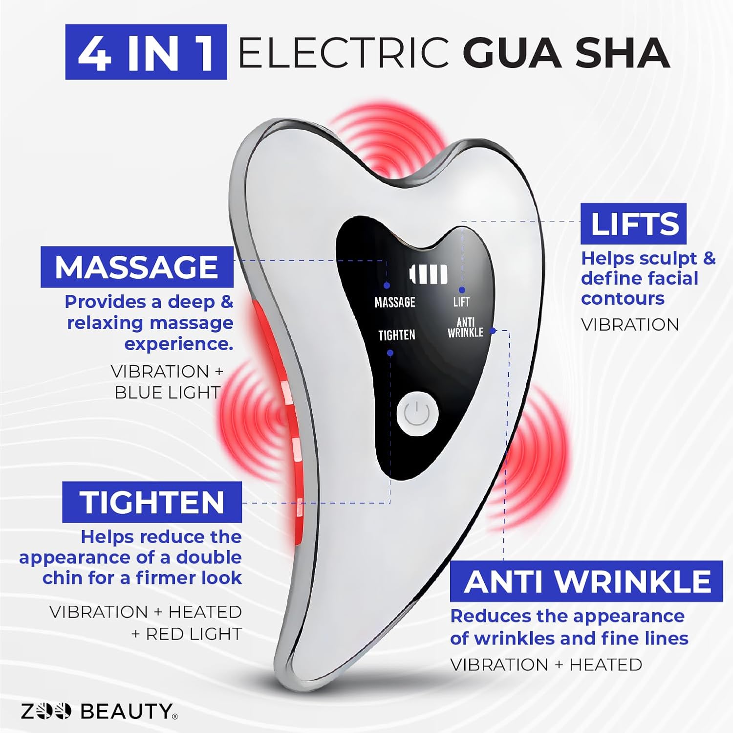 Facial Massager, 4-Mode Face Sculpting Tool with Heat, Red Light and Blue Light Therapy, Stainless Stee Electric Gua Sha for Lymphatic Drainage, Silver