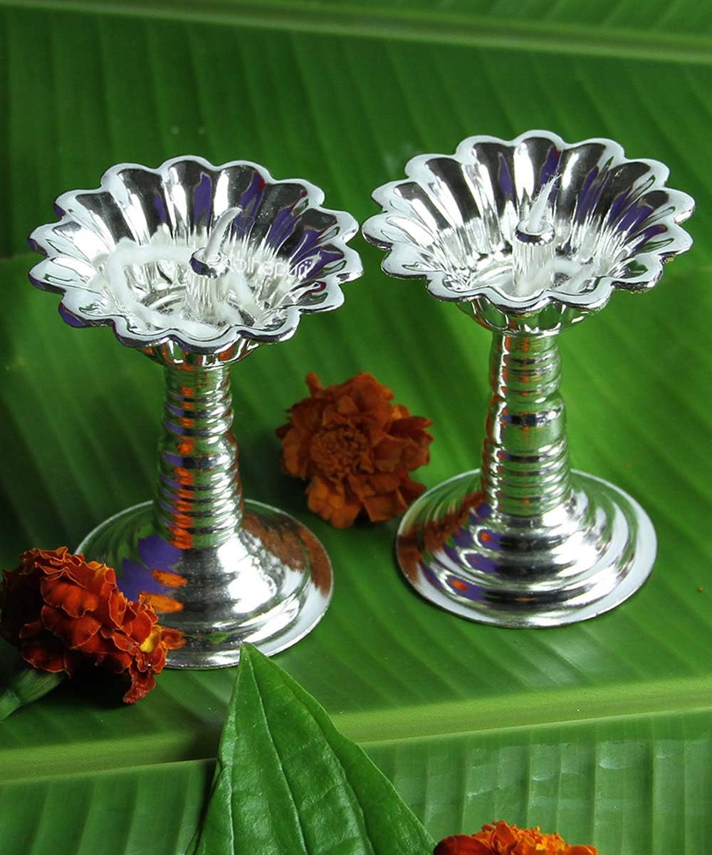KALAPURI� Set of Two Devdas Silver Plated Oil Pooja Lamp/Diya/Niranjan Perfect for Daily Purpose