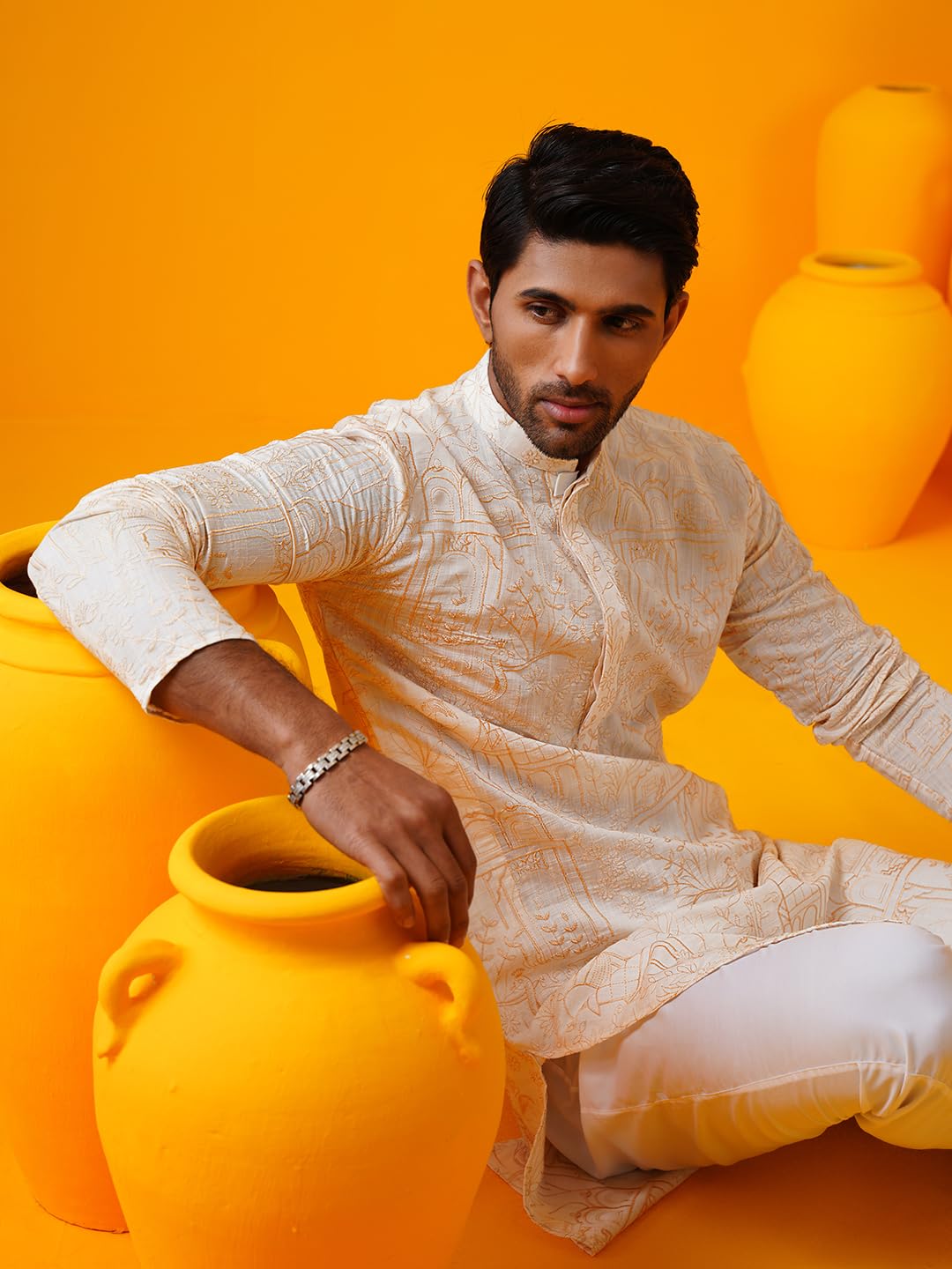 Sojanya (Since 1958 Men's Cotton Silk Kantha Thread Embroidered Cream Kurta With White Pyjama