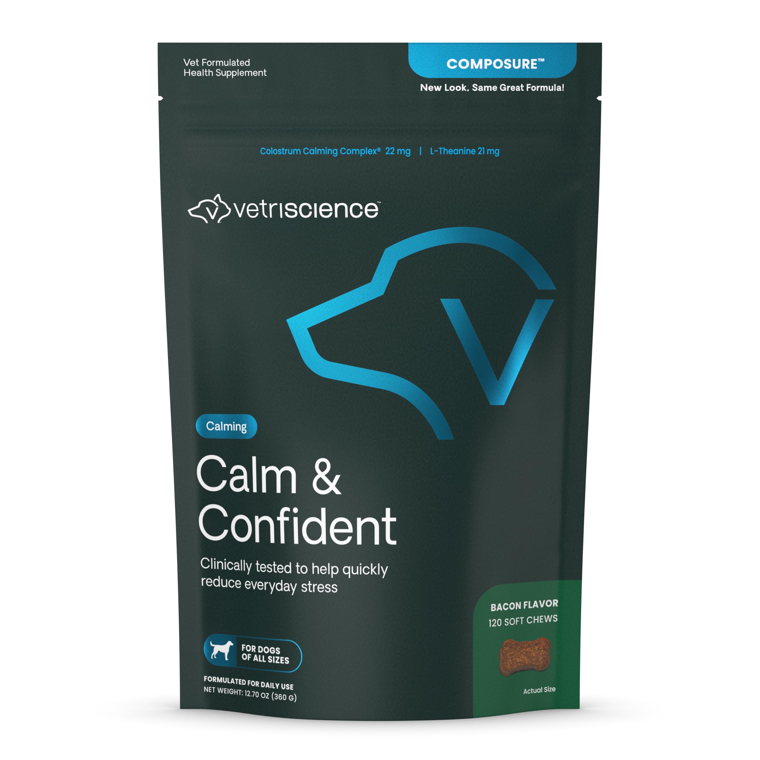 VETRISCIENCEComposure Calming Chews for Dogs - Clinically Proven Dog Anxiety Relief Supplement with Colostrum, L-Theanine & Vitamin B1 for Stress, Storms, Separation & More - 120 Count, Bacon Flavor