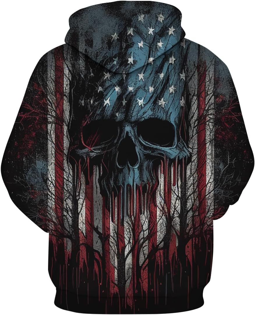 TiwBski Novelty American Flag Hoodies for Men Skull Graphic Hoodie Sweatshirt Pullover - Image 2